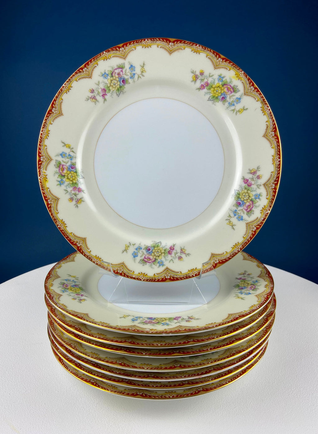 Kikusui China Vintage Dinner Set – Yellow & Red Bands with Rose Garlands, 30+ Pieces