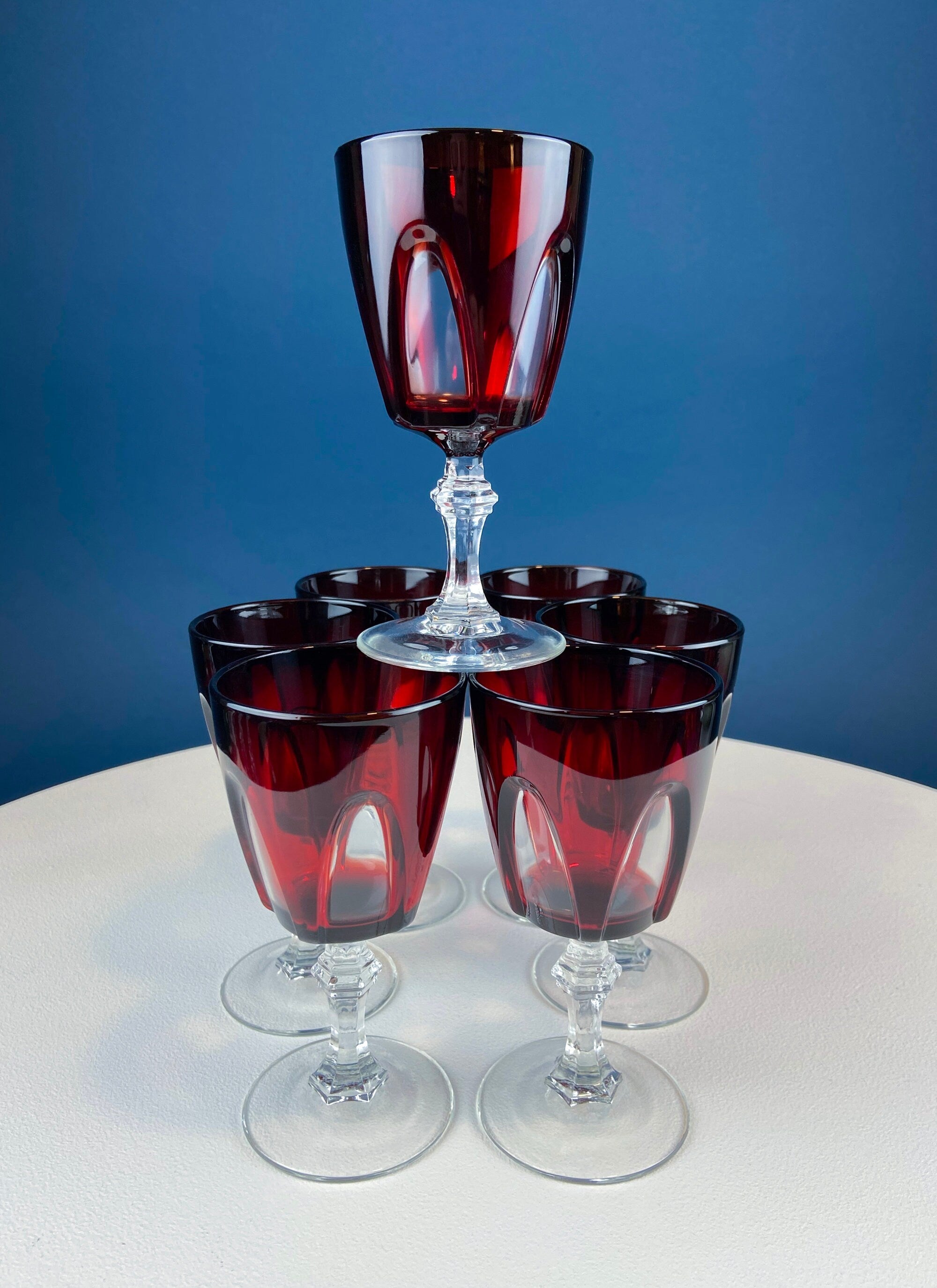 Vintage Red to Clear Sweet Wine/Cordial Glasses. Cristal D'arques Durand Gothic Set of Six Stemware. Gift for Dad. Dining and Serving.