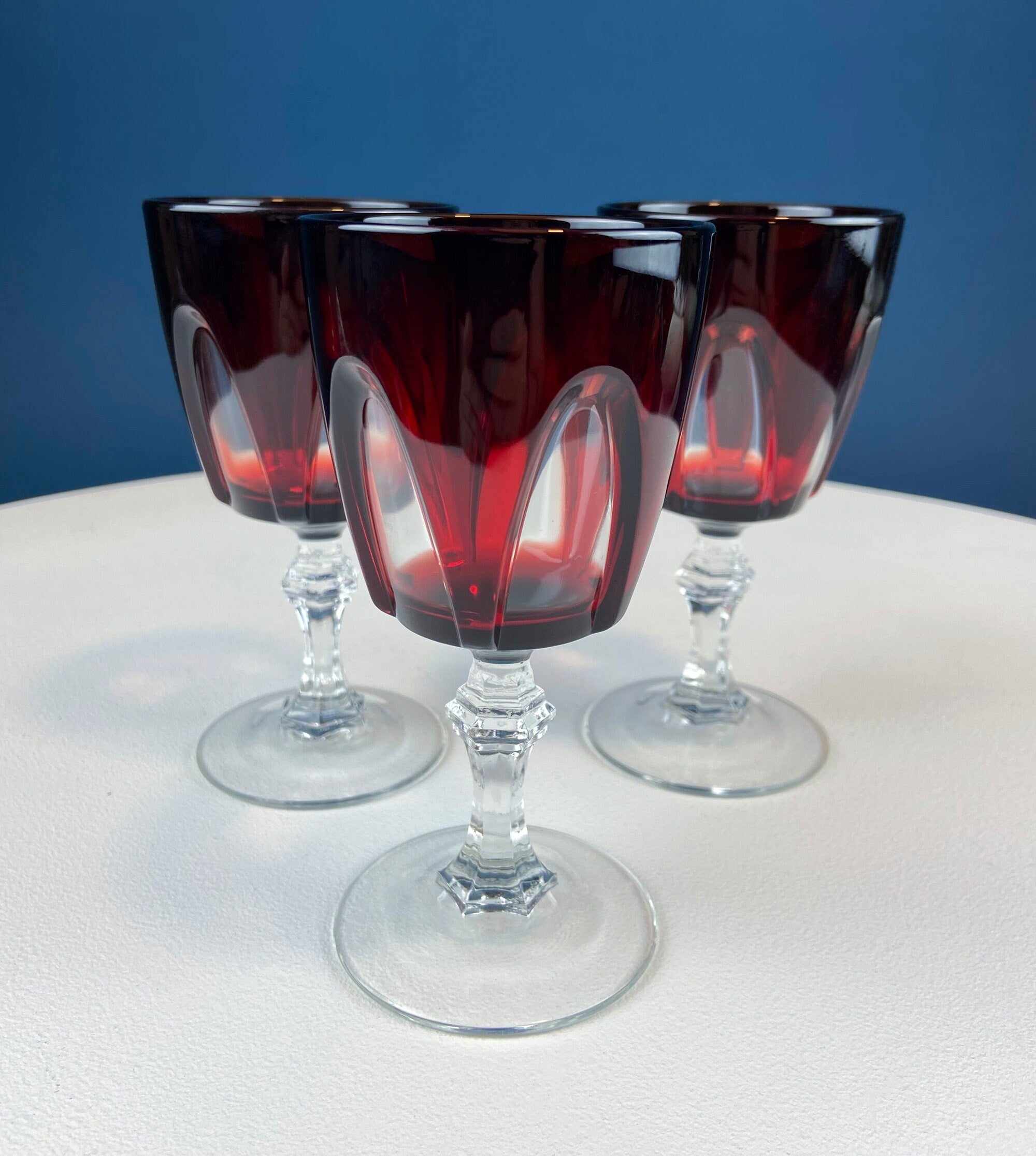 Vintage Red to Clear Sweet Wine/Cordial Glasses. Cristal D'arques Durand Gothic Set of Six Stemware. Gift for Dad. Dining and Serving.