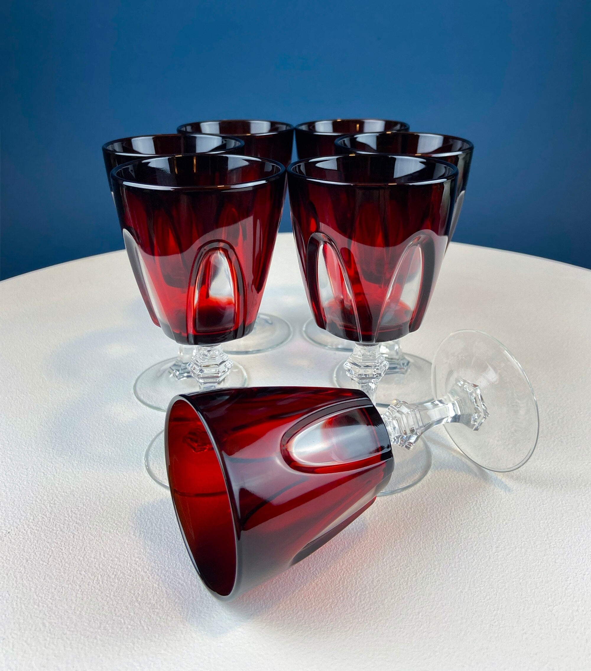 Vintage Red to Clear Sweet Wine/Cordial Glasses. Cristal D'arques Durand Gothic Set of Six Stemware. Gift for Dad. Dining and Serving.