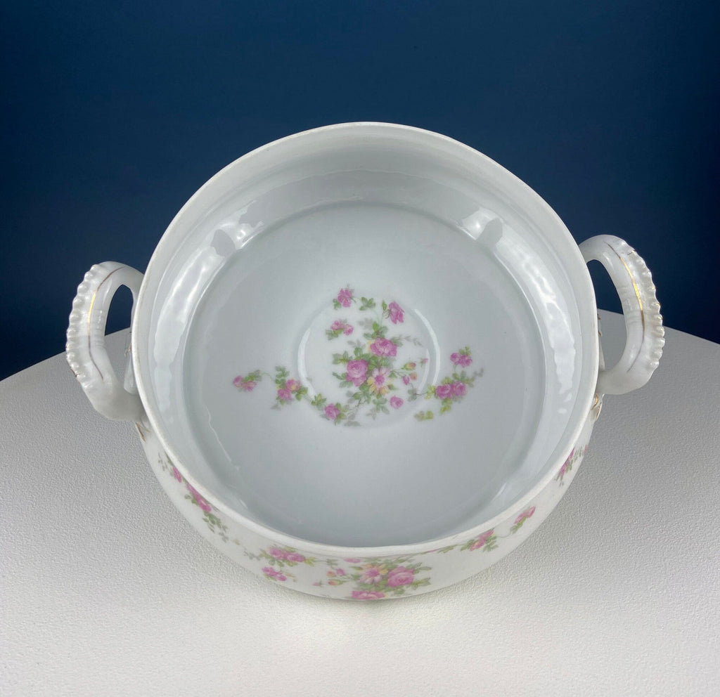 Antique Porcelain Soup Tureen with Pink Roses & Bow Handles