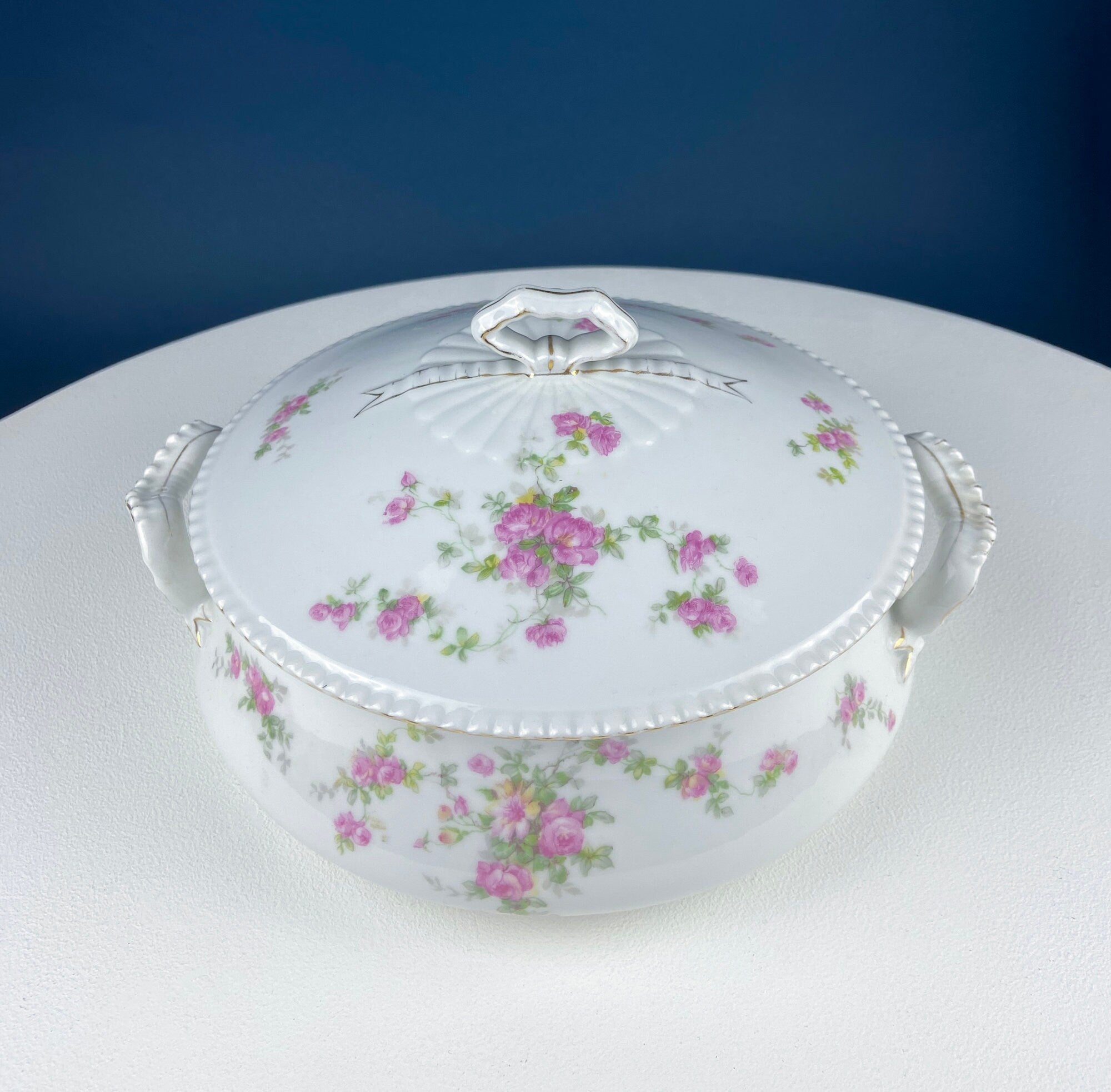 Antique Porcelain Soup Tureen with Pink Roses & Bow Handles