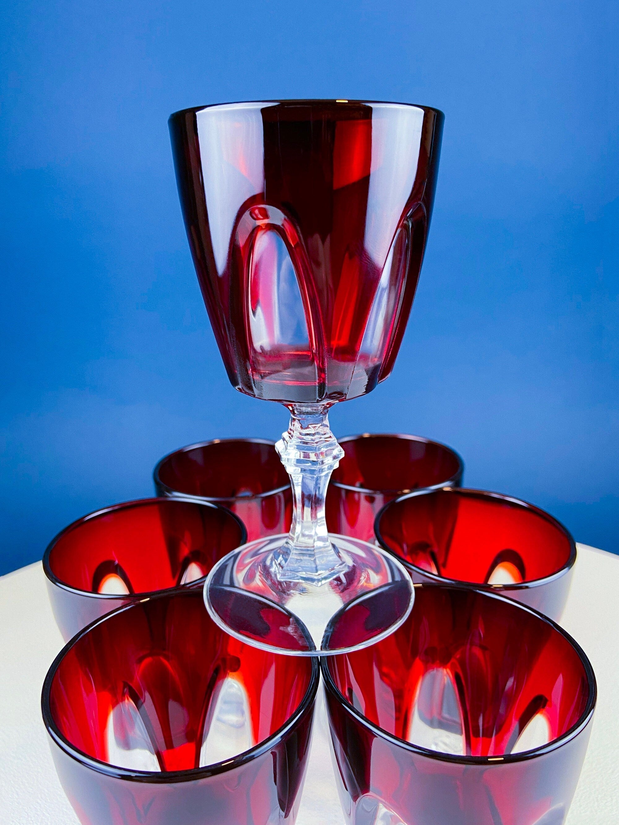 Vintage Red to Clear Sweet Wine/Cordial Glasses. Cristal D'arques Durand Gothic Set of Six Stemware. Gift for Dad. Dining and Serving.