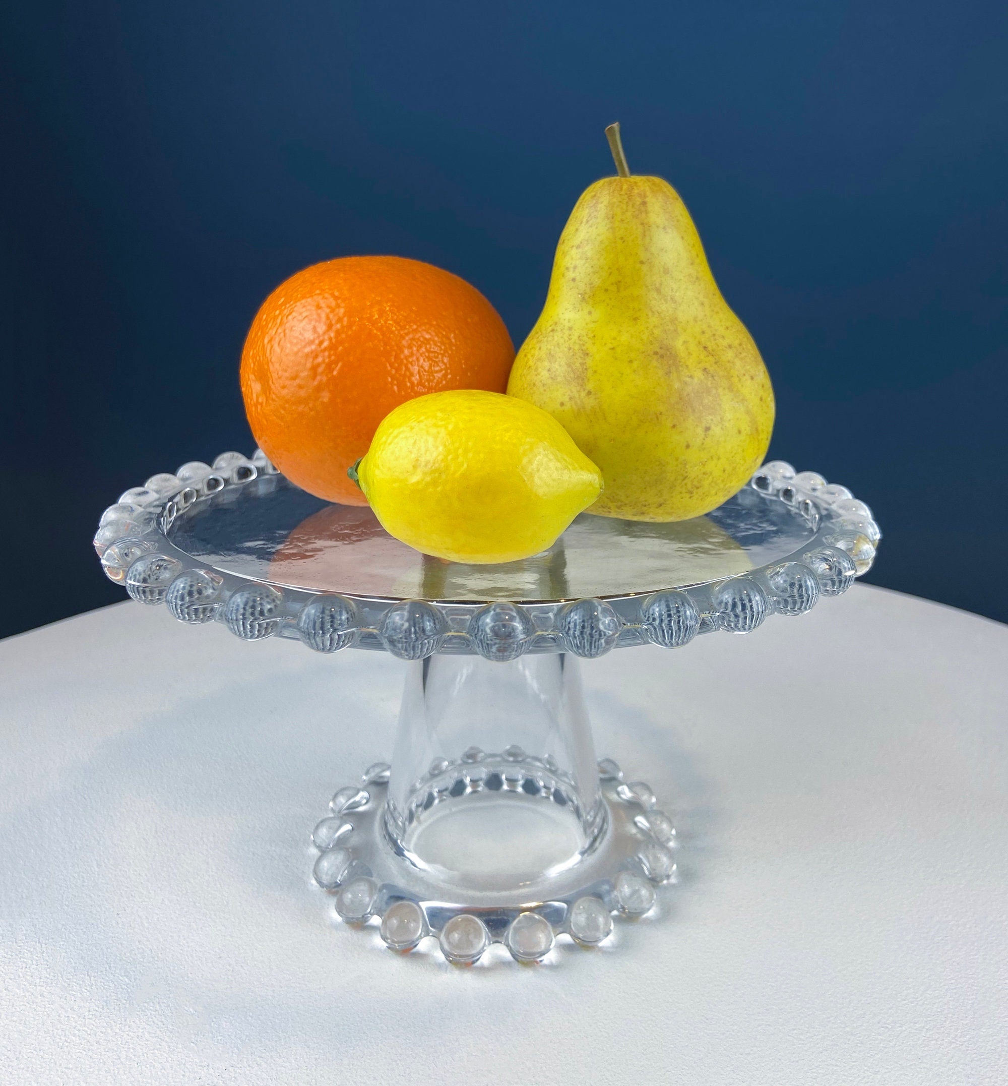 Vintage Clear Glass Cake Stand with Beaded Rim – Mid-Century Modern
