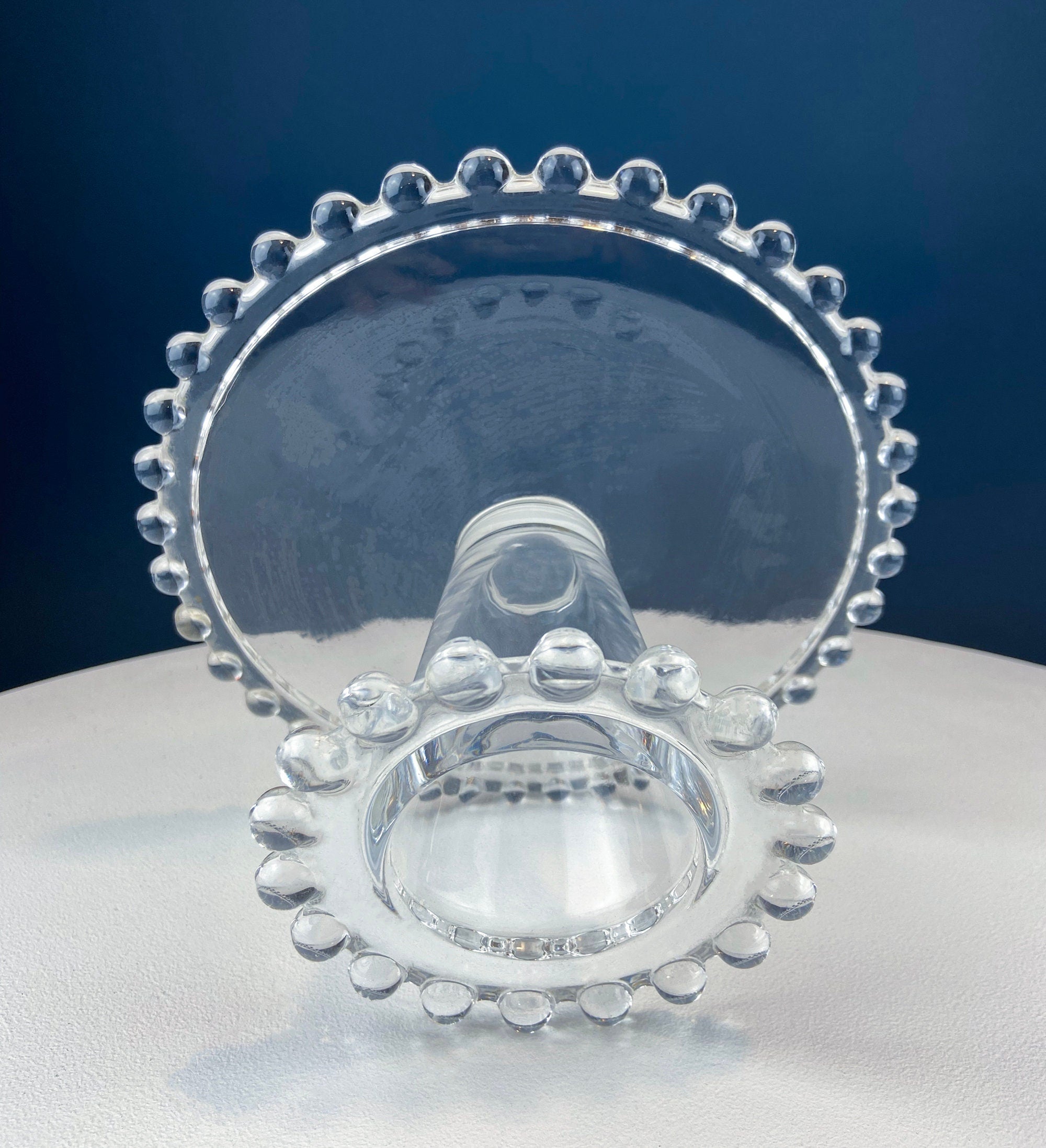Vintage Clear Glass Cake Stand with Beaded Rim – Mid-Century Modern