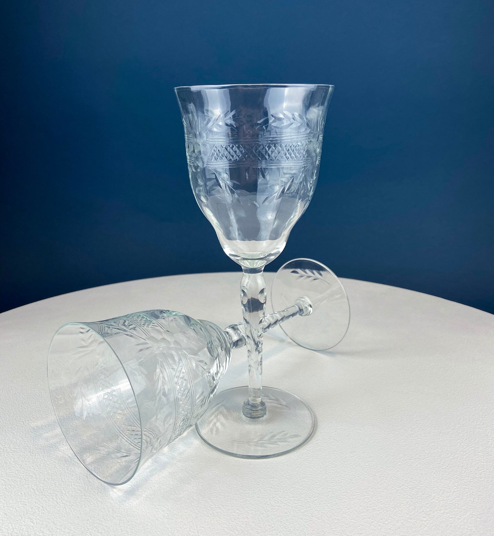 8 Vintage Wine or Water Goblets with Floral Cut Motif & Horizontal Band. Blown Glass Tall Stemware.