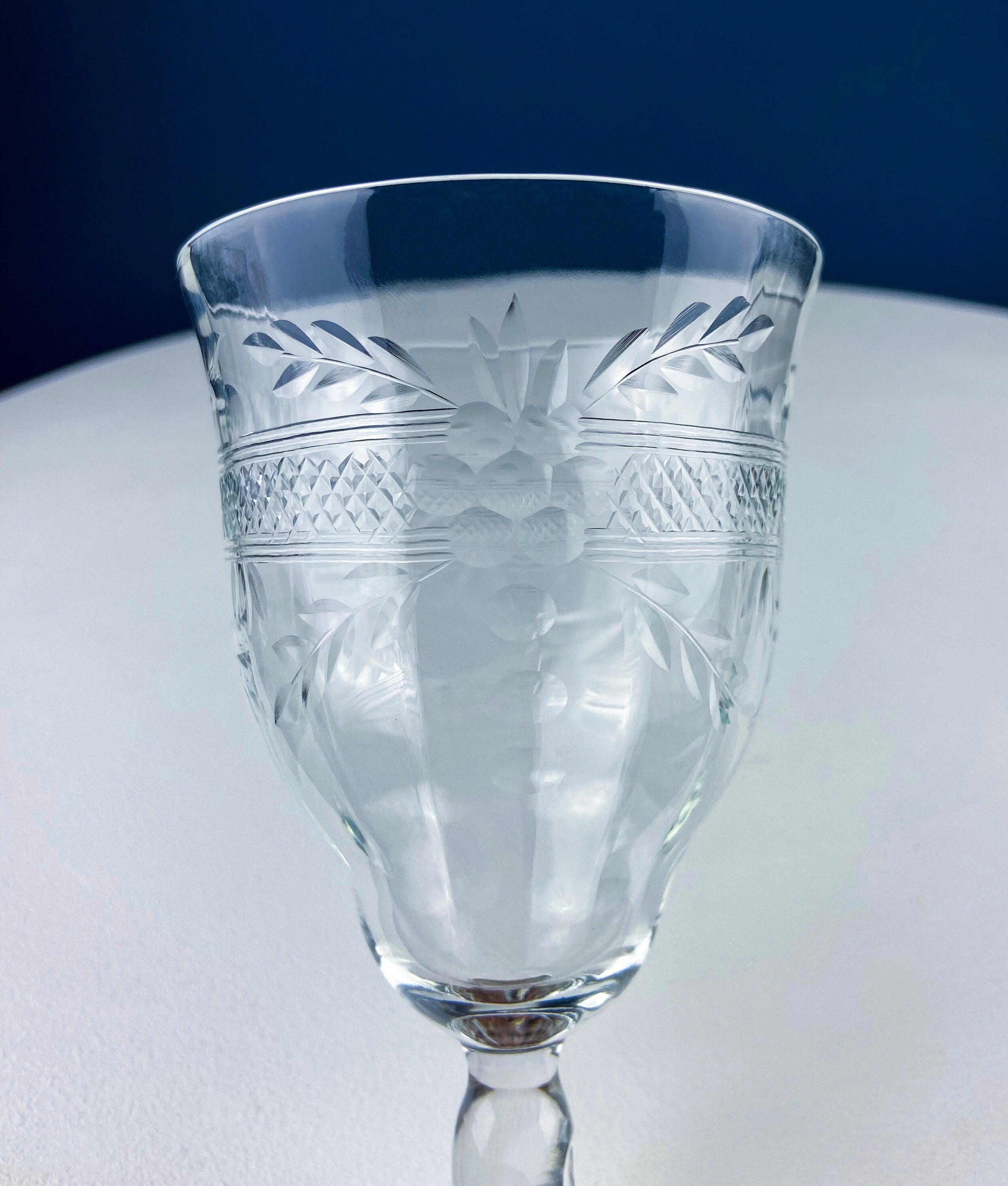 8 Vintage Wine or Water Goblets with Floral Cut Motif & Horizontal Band. Blown Glass Tall Stemware.