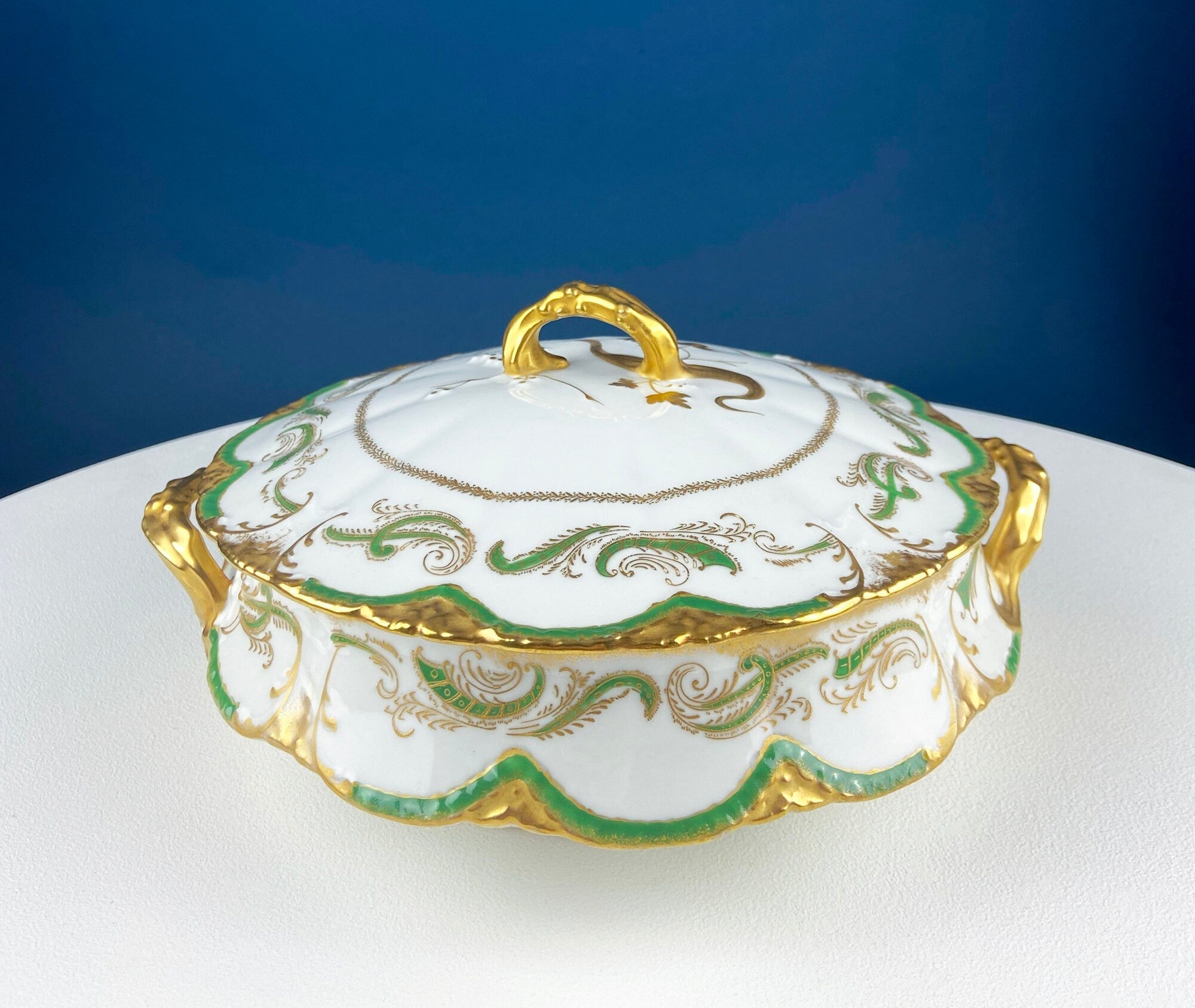 Antique Porcelain Soup Tureen with Pink Roses & Bow Handles