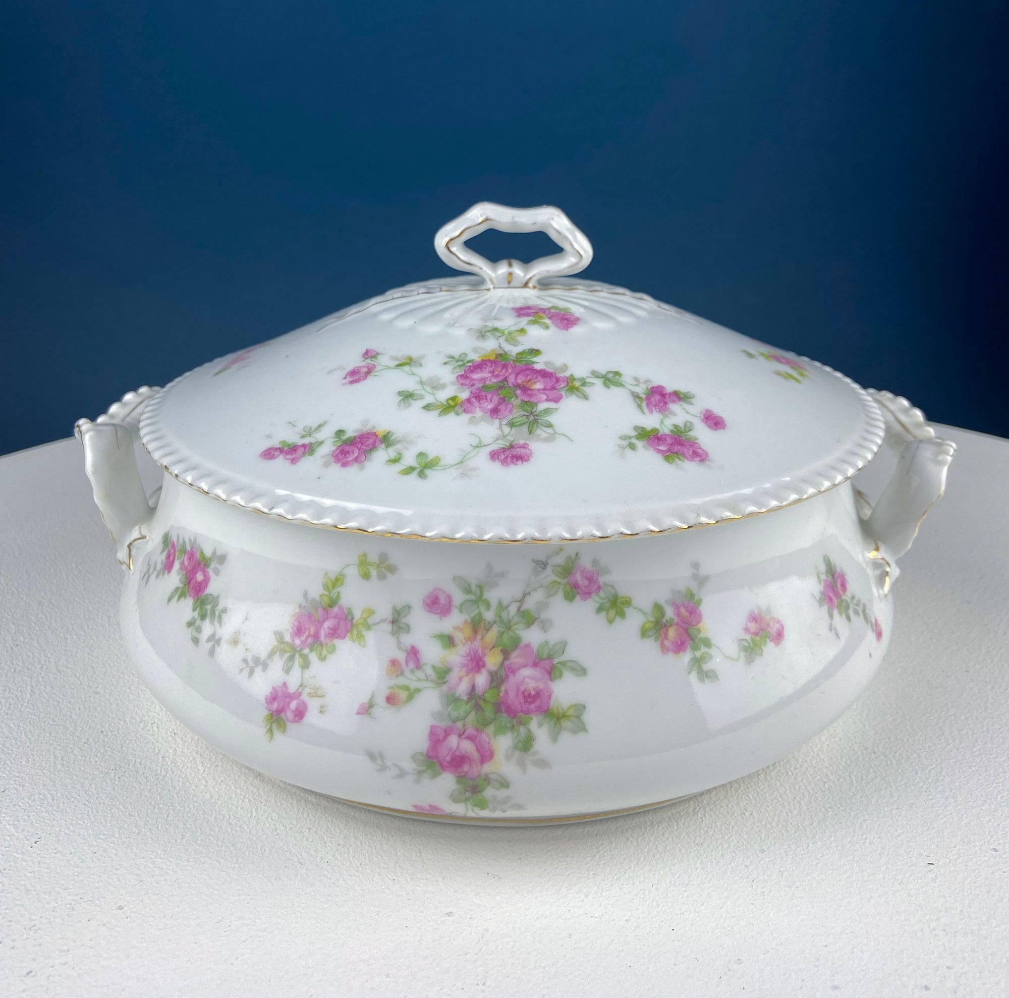 Antique Porcelain Soup Tureen with Pink Roses & Bow Handles