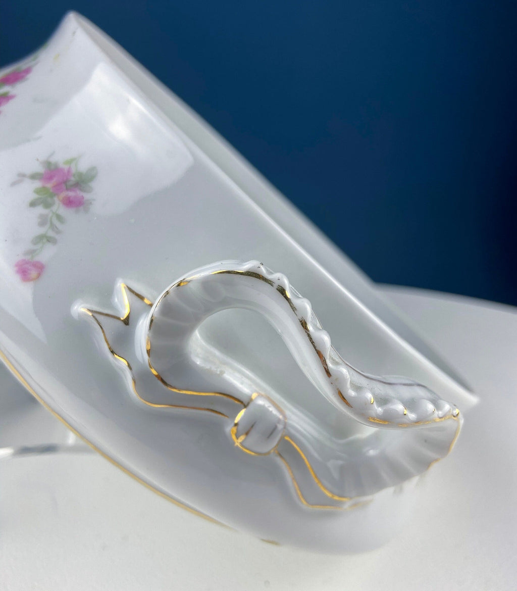 Antique Porcelain Soup Tureen with Pink Roses & Bow Handles