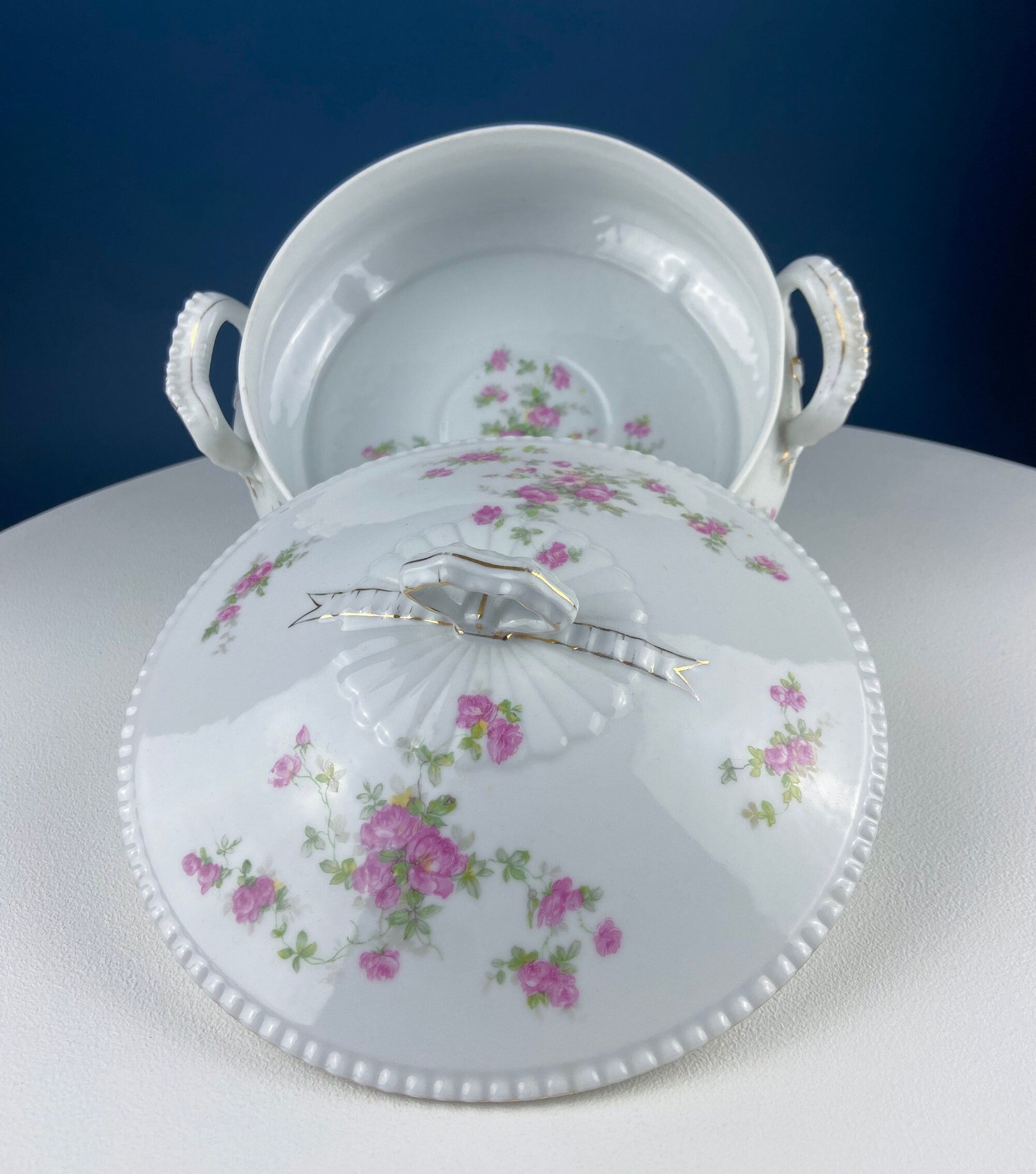 Antique Porcelain Soup Tureen with Pink Roses & Bow Handles