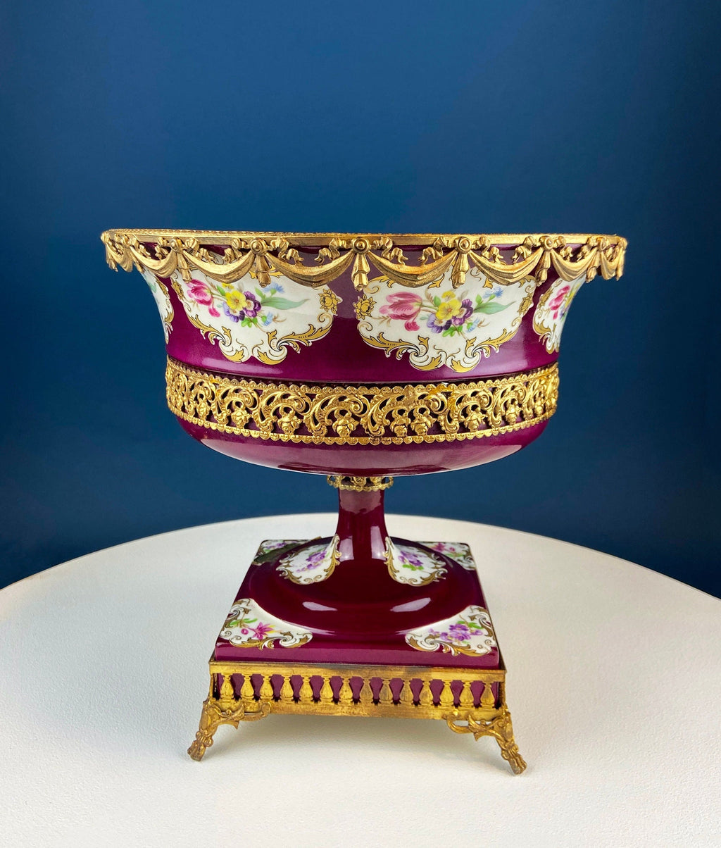 Antique Porcelain Burgundy & Gold Footed Bowl with Marble Base – Hand-Painted Roses & Dolphin Feet
