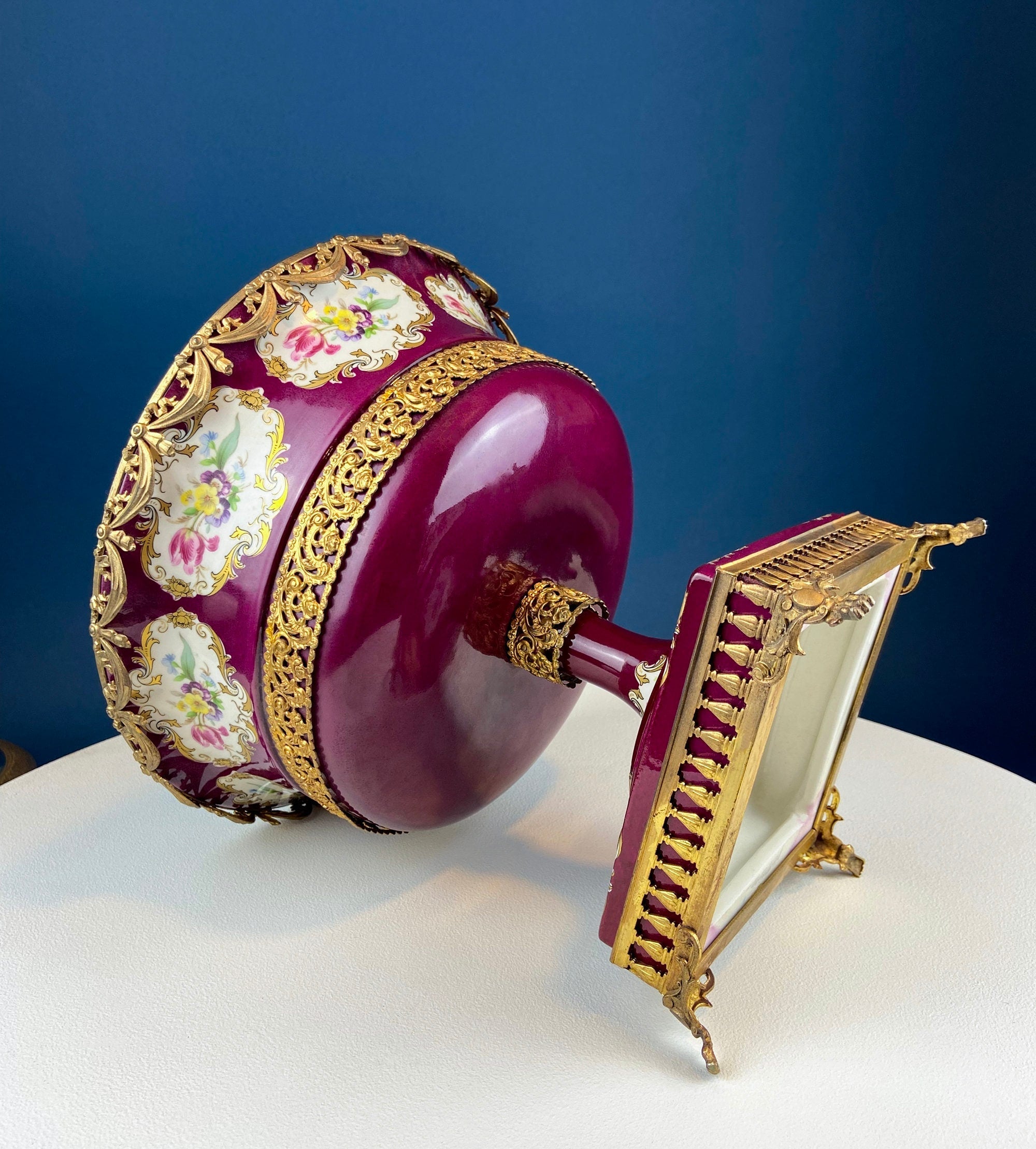 Antique Porcelain Burgundy & Gold Footed Bowl with Marble Base – Hand-Painted Roses & Dolphin Feet