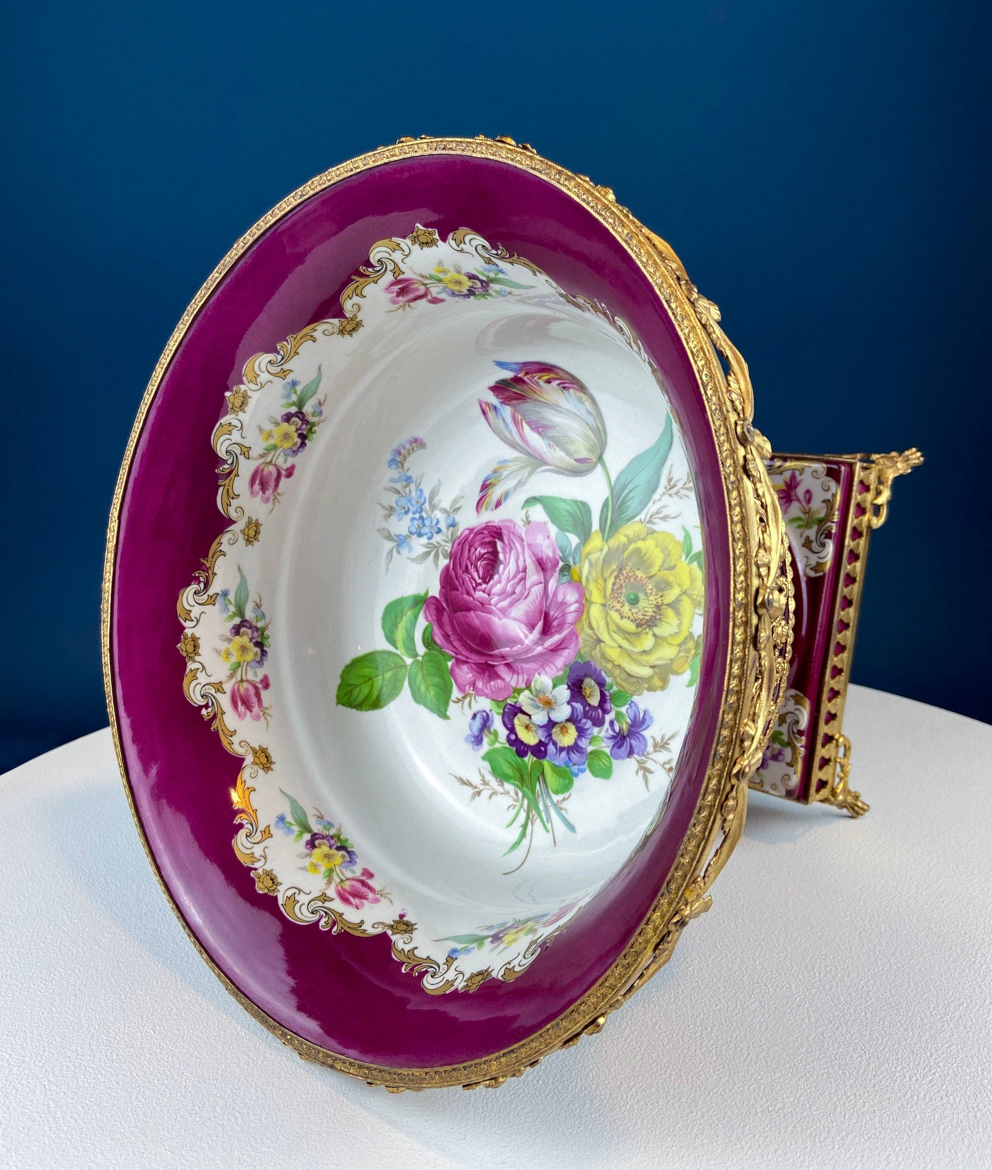 Antique Porcelain Burgundy & Gold Footed Bowl with Marble Base – Hand-Painted Roses & Dolphin Feet