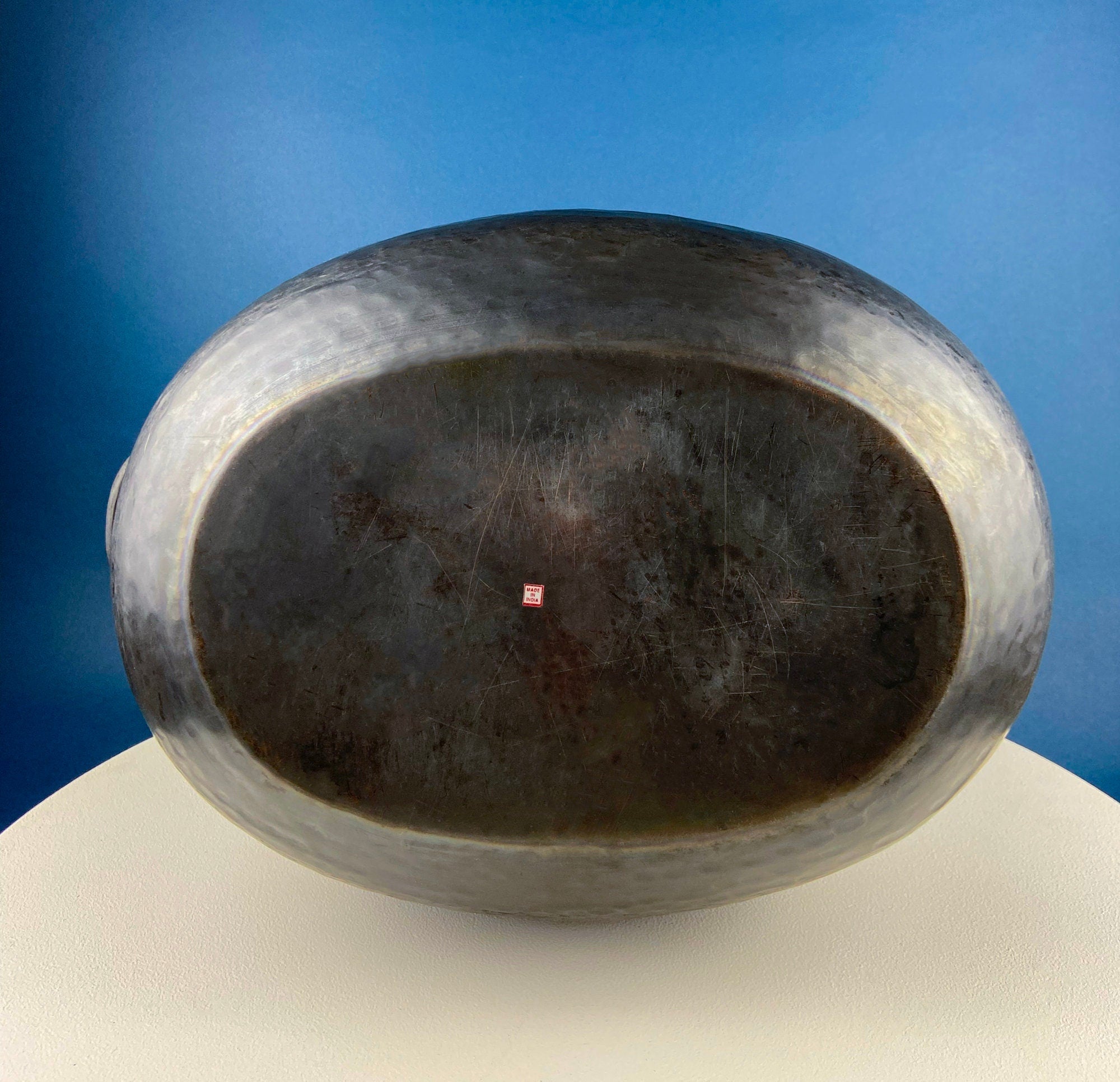Extra Large Hand Pounded Copper Blackened Cauldron. Antique Hand Hammered Oval Scuttle for Wood Toys or Storage. Rustic Home Decor.