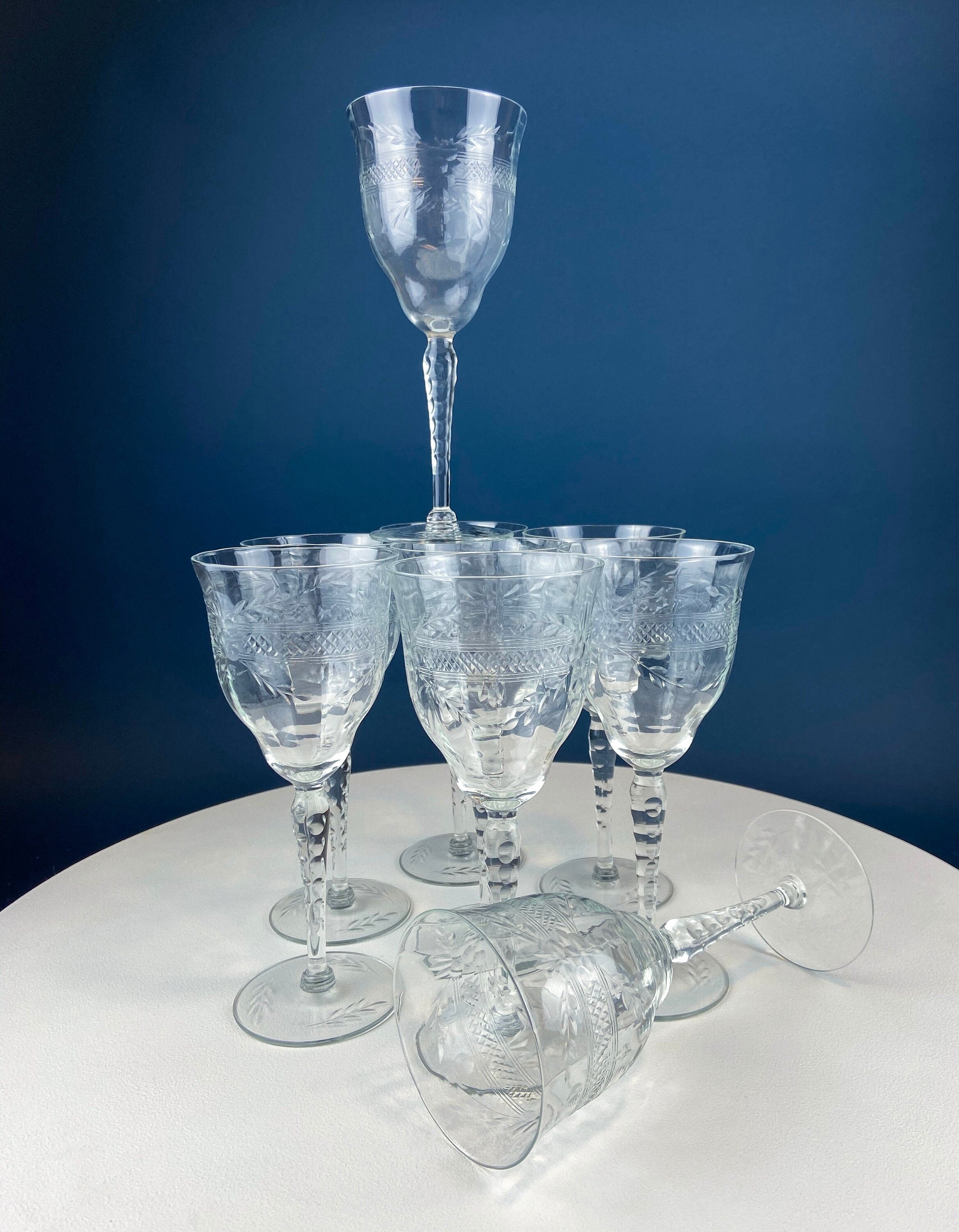 8 Vintage Wine or Water Goblets with Floral Cut Motif & Horizontal Band. Blown Glass Tall Stemware.
