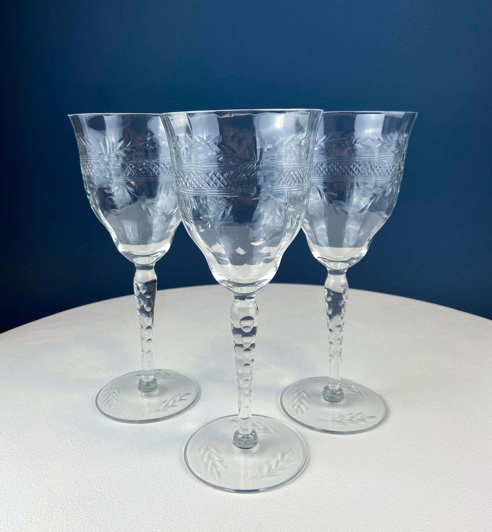 8 Vintage Wine or Water Goblets with Floral Cut Motif & Horizontal Band. Blown Glass Tall Stemware.