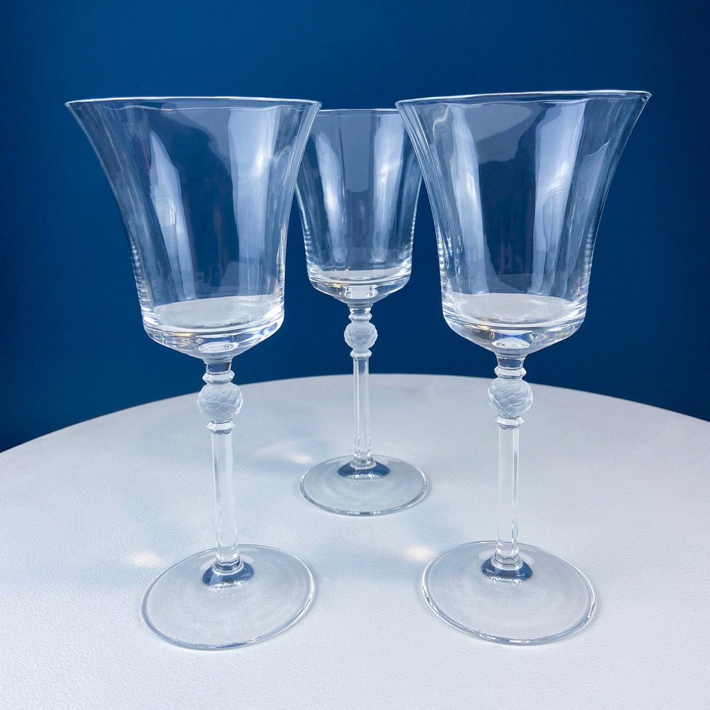 Crystal Wine Goblets with Ball Stem. Enchantress by Mikasa. Frosted Ball Shaped like Berries & Leaves. Set of 9. Stunning Ping.