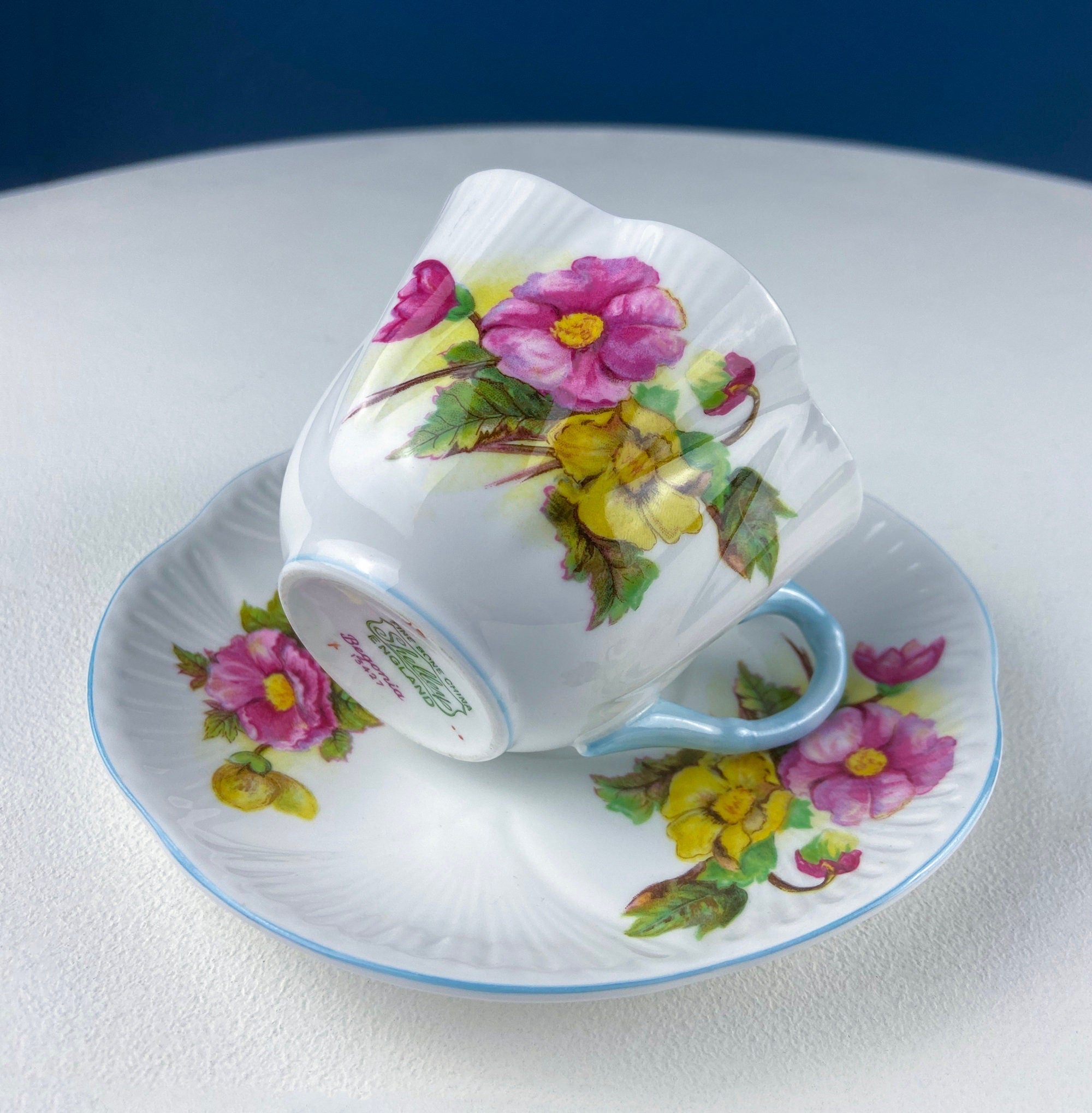 Antique Shelley Tea Cup & Saucer – Begonia Motif with Blue Handle