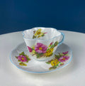 Antique Shelley Tea Cup & Saucer – Begonia Motif with Blue Handle