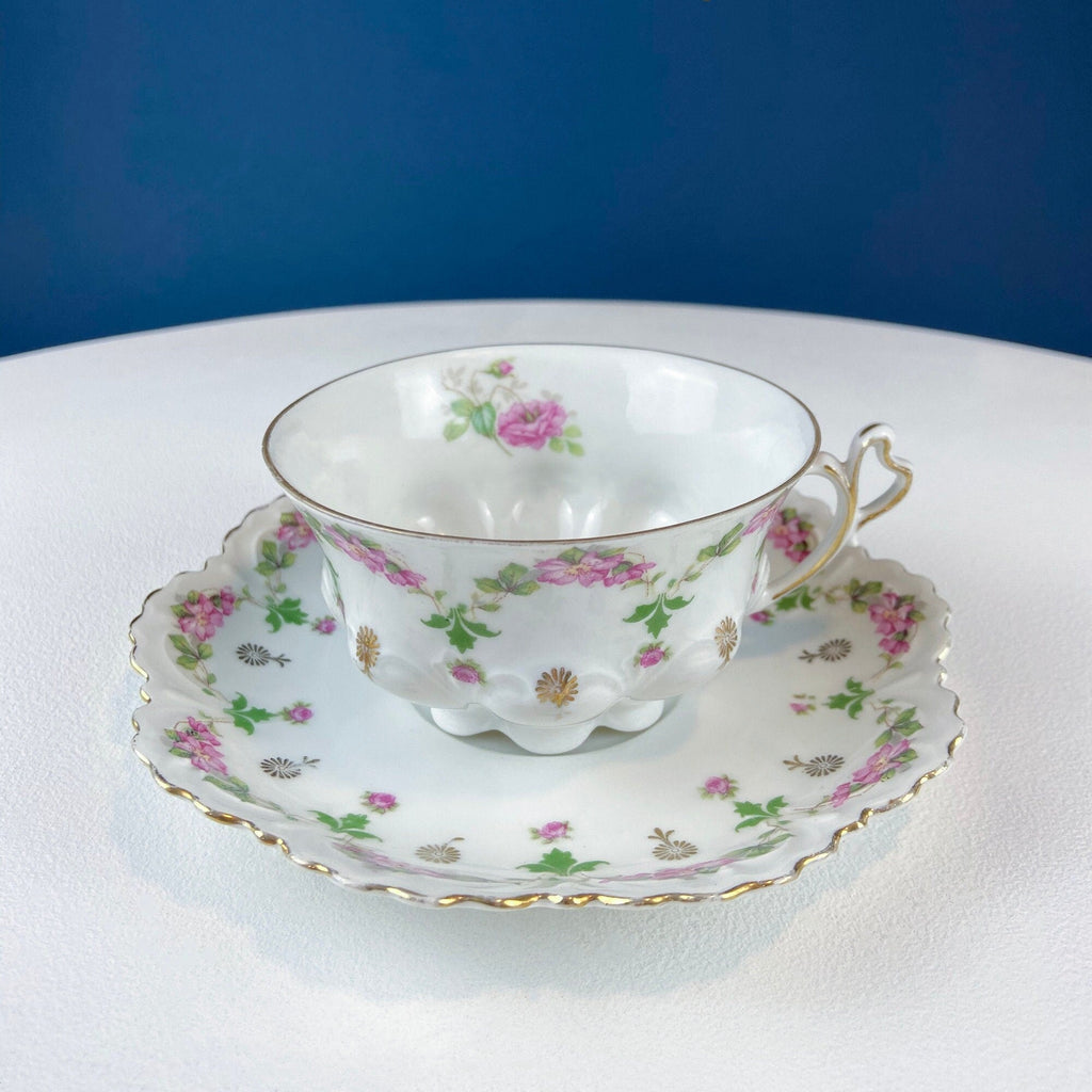 Very Light Weight Porcelain Cup and Saucer. M&K Austria. Delicate Rose Garlands and Scalloped Edges. Heart Shaped Handle. Gift for Her.