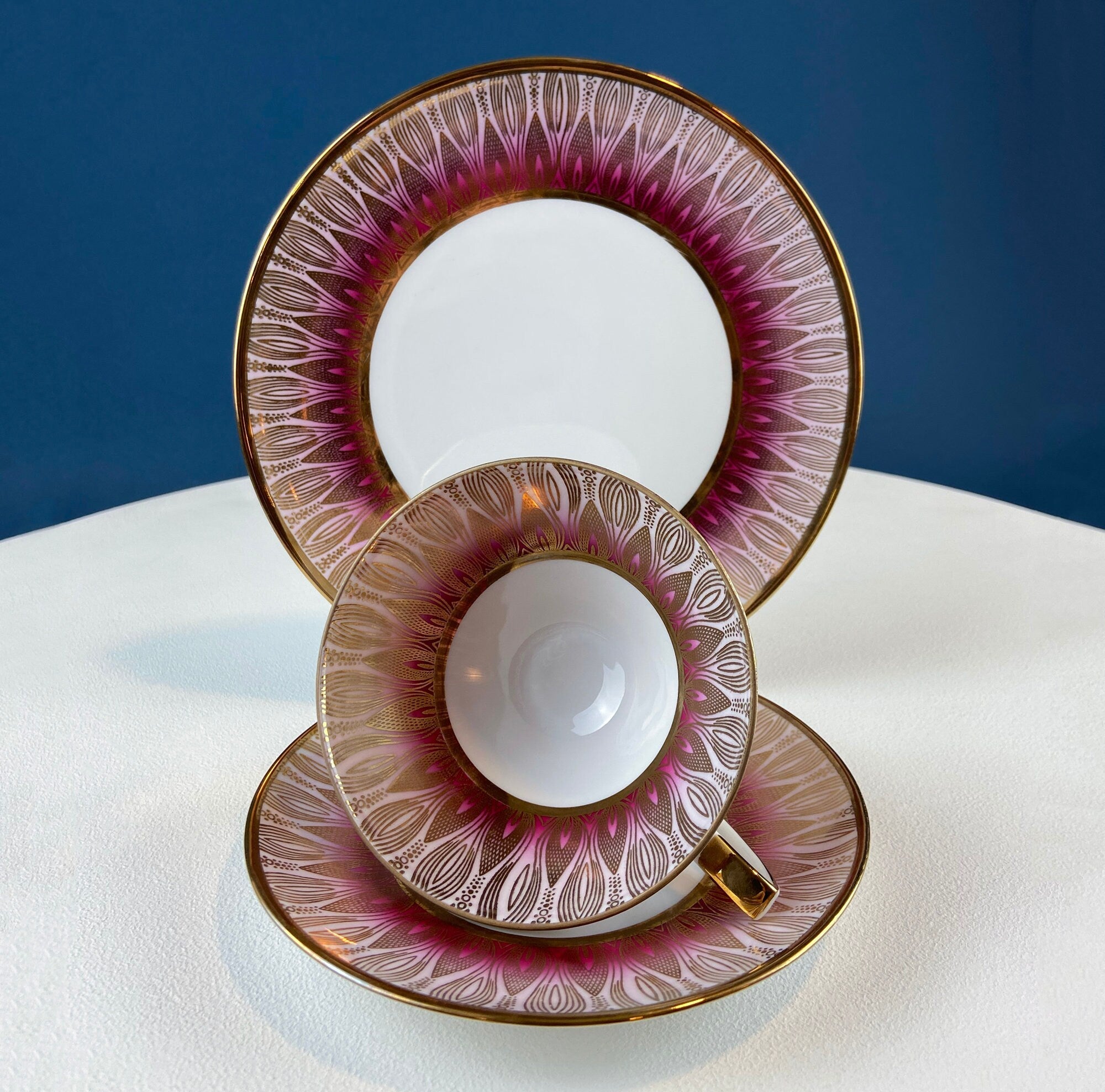 Winterling Roslaw Bavarian Porcelain Tea Trio – Gold & Pink Lotus