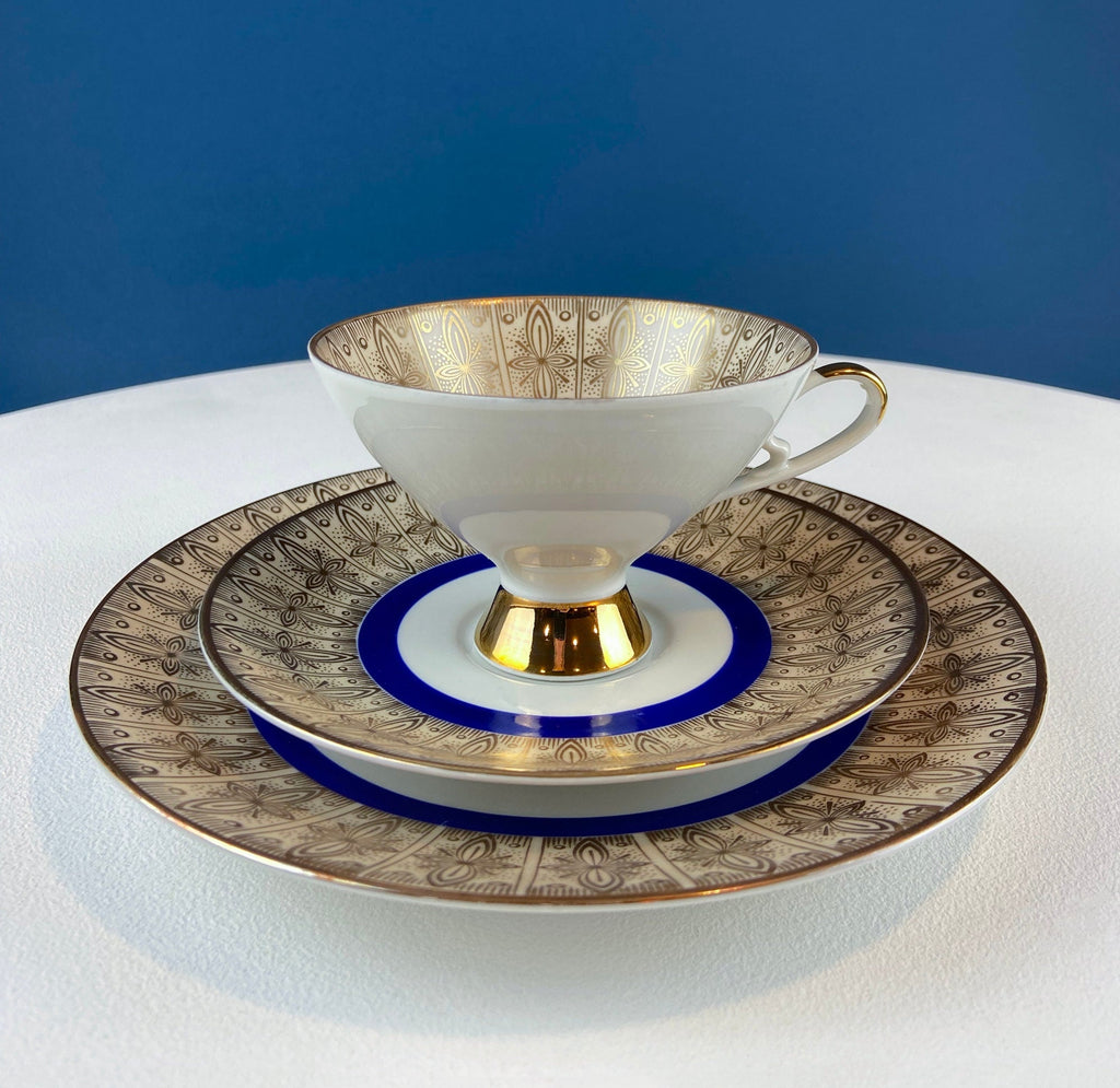 Antique Z & Co. Tirschenreuther Bavarian Tea Trio – Gold & Blue Floral
