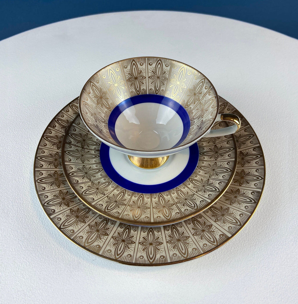 Antique Z & Co. Tirschenreuther Bavarian Tea Trio – Gold & Blue Floral