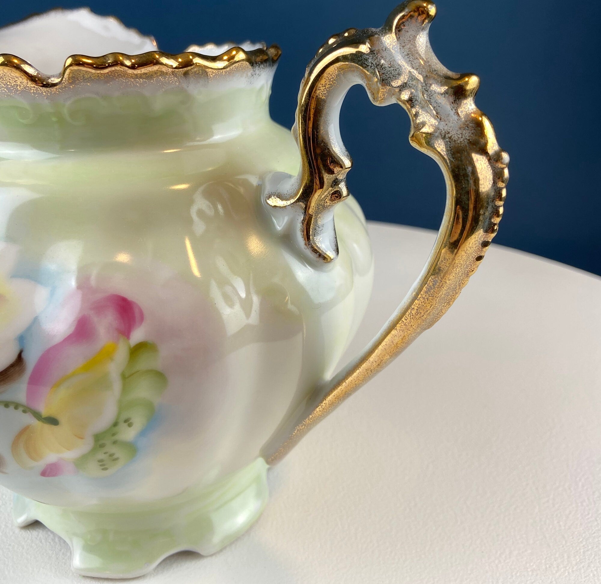 Lefton Porcelain Pitcher Vase – Hand-Painted Wild Rose with Gold Trim