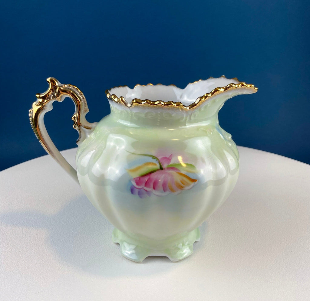 Lefton Porcelain Pitcher Vase – Hand-Painted Wild Rose with Gold Trim