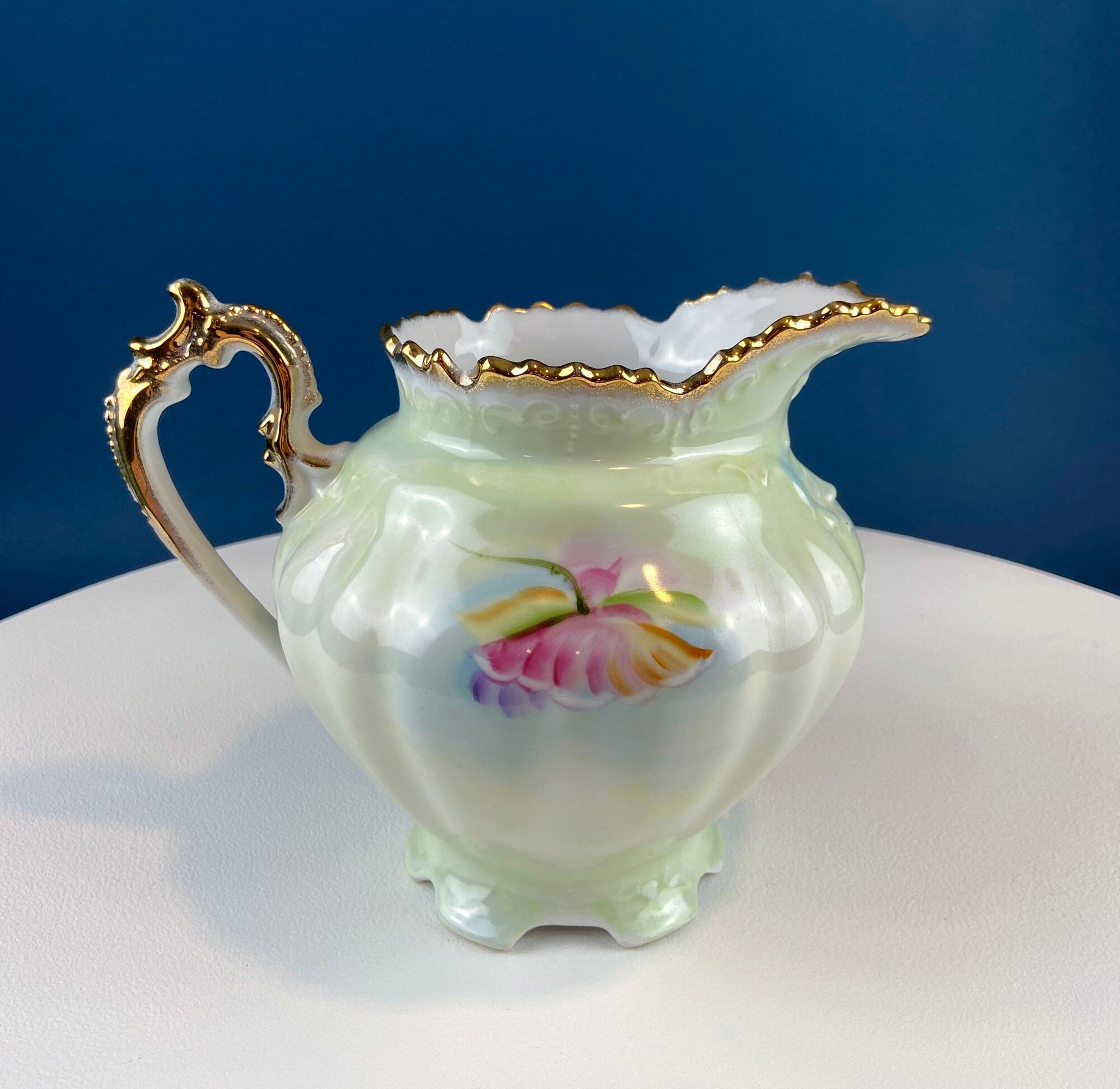 Lefton Porcelain Pitcher Vase – Hand-Painted Wild Rose with Gold Trim