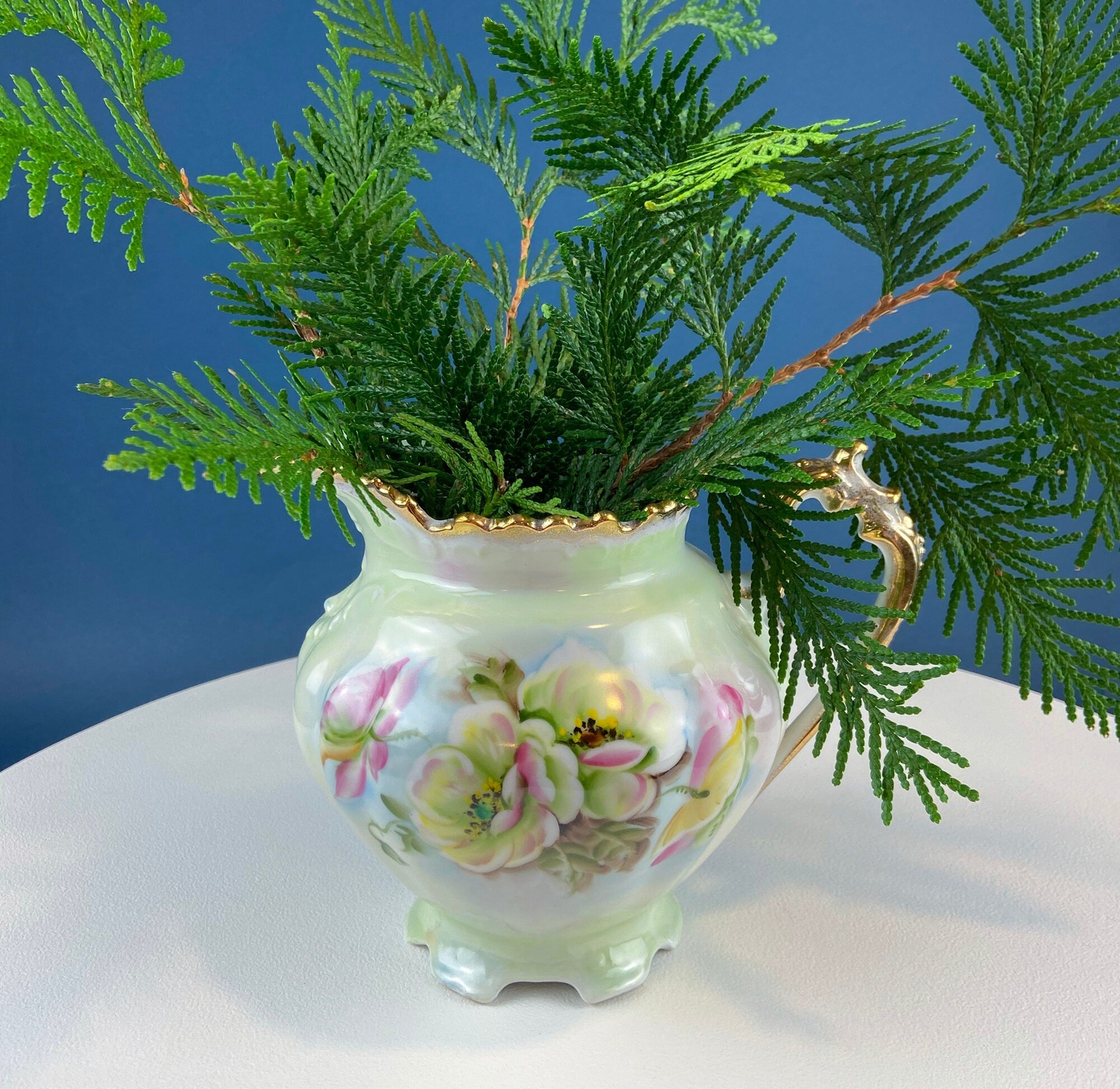 Lefton Porcelain Pitcher Vase – Hand-Painted Wild Rose with Gold Trim
