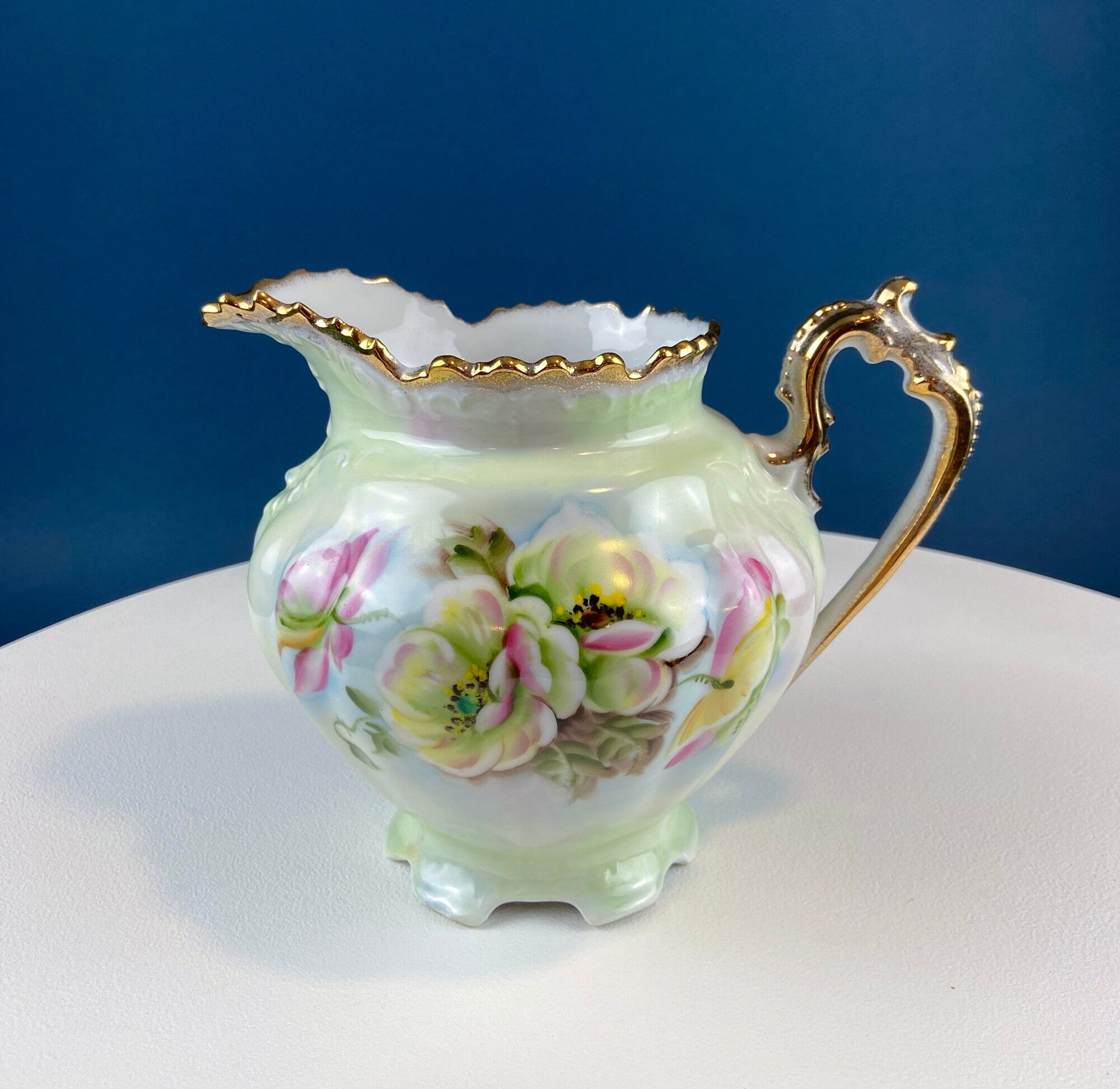 Lefton Porcelain Pitcher Vase – Hand-Painted Wild Rose with Gold Trim