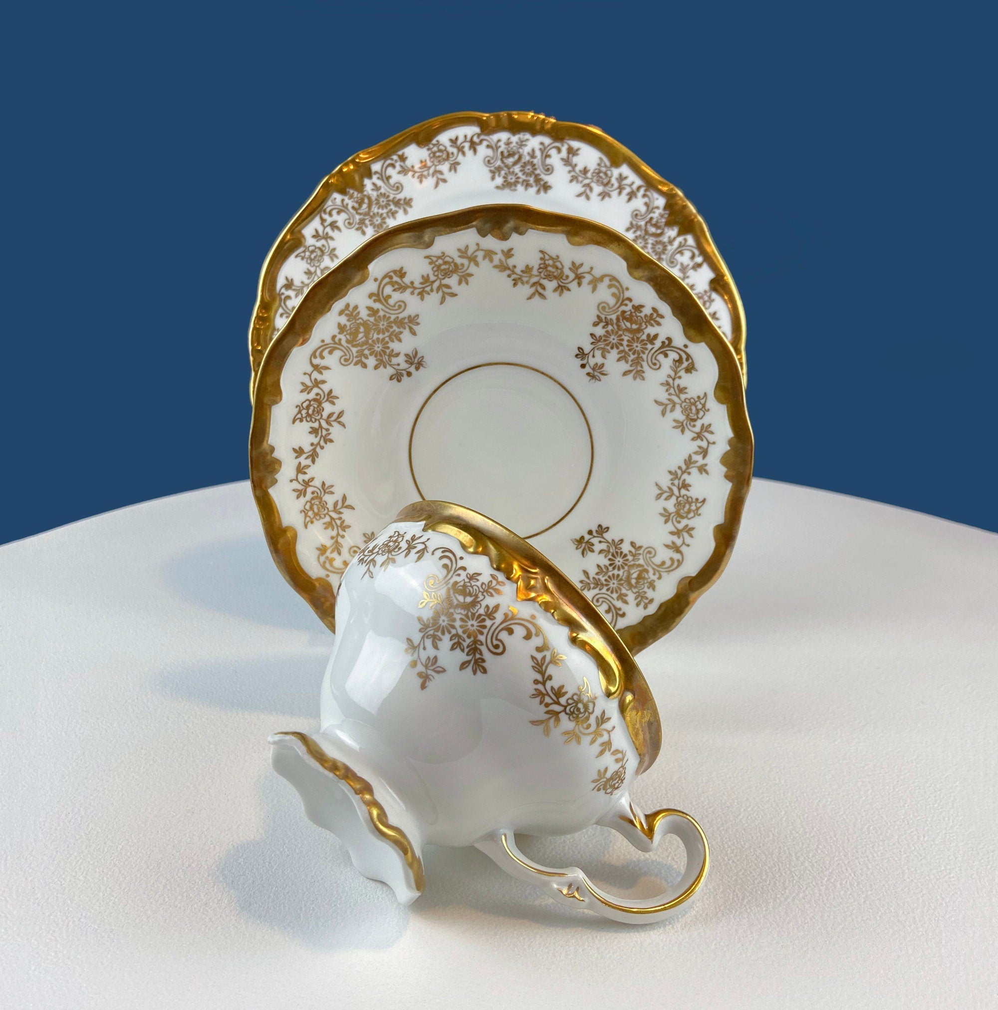 Antique Weimar Porcelain Katharina Tea Trio – White & Gold Floral, Made in GDR