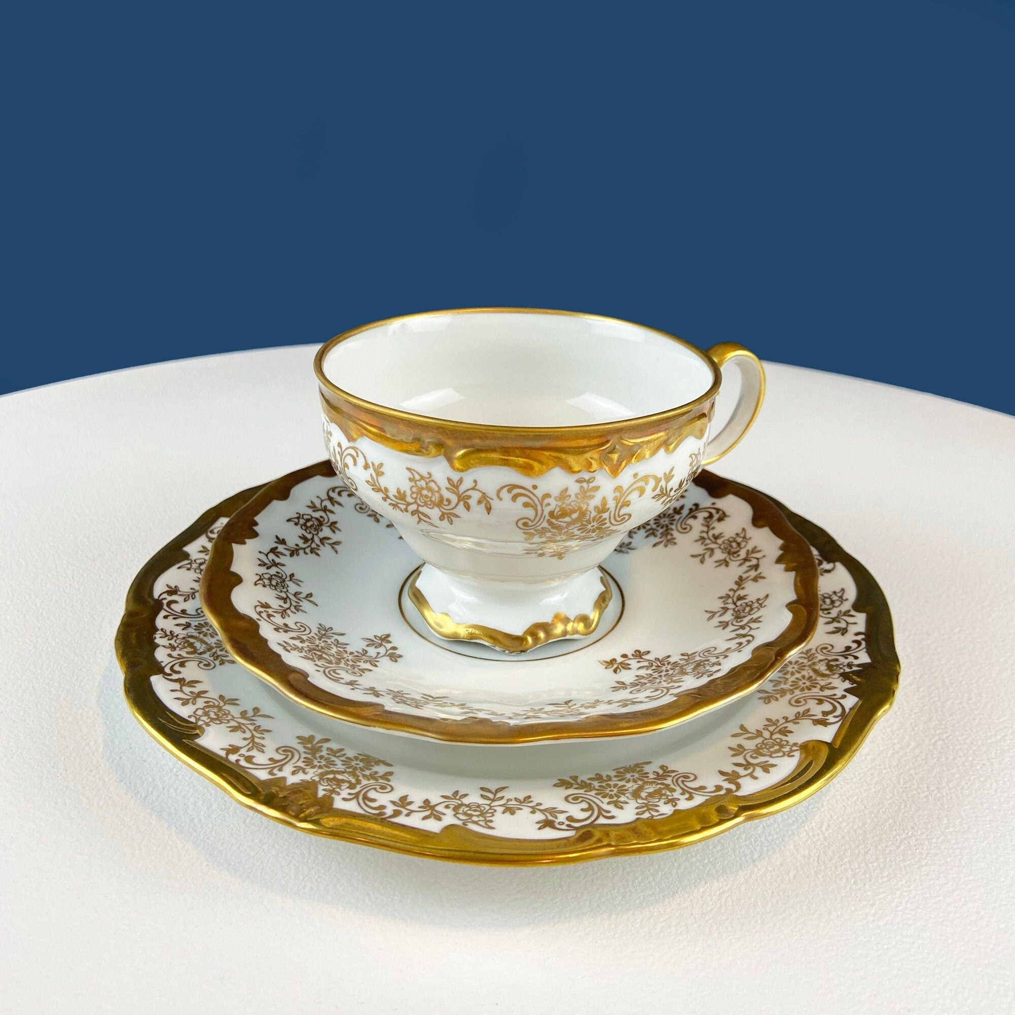 Antique Weimar Porcelain Katharina Tea Trio – White & Gold Floral, Made in GDR
