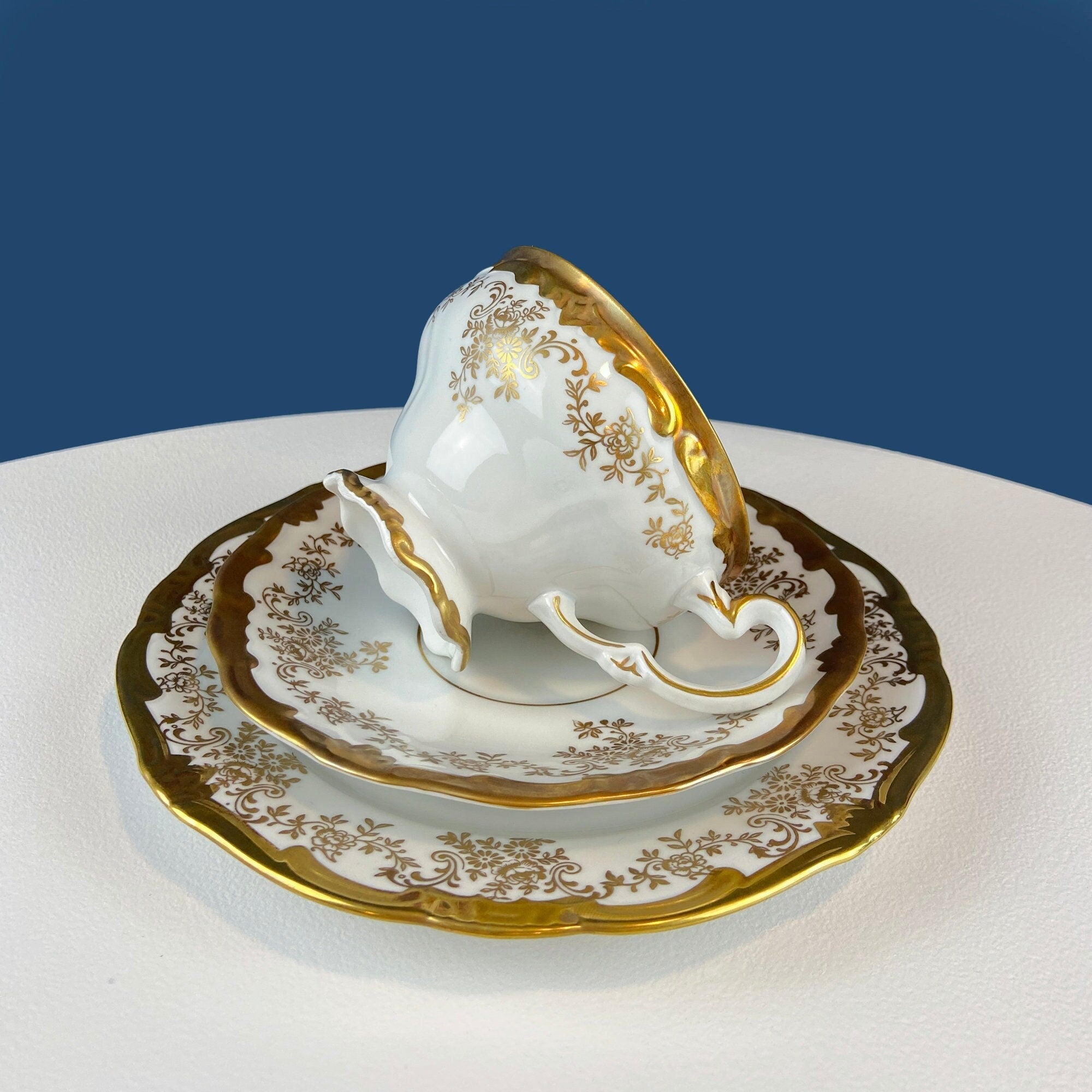 Antique Weimar Porcelain Katharina Tea Trio – White & Gold Floral, Made in GDR