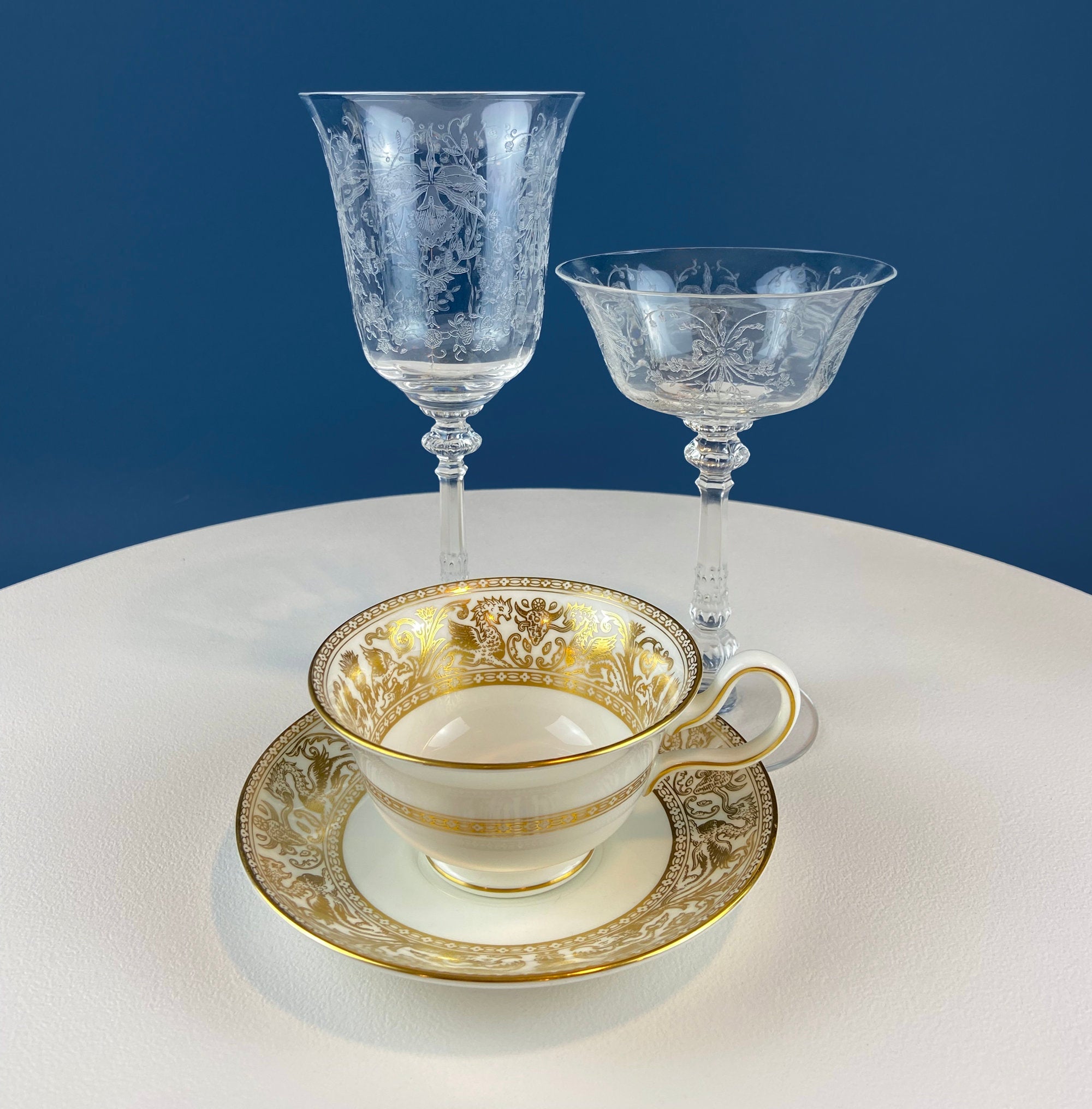Heisey Orchid Pattern Etched Crystal Wine Goblets – Set of 7