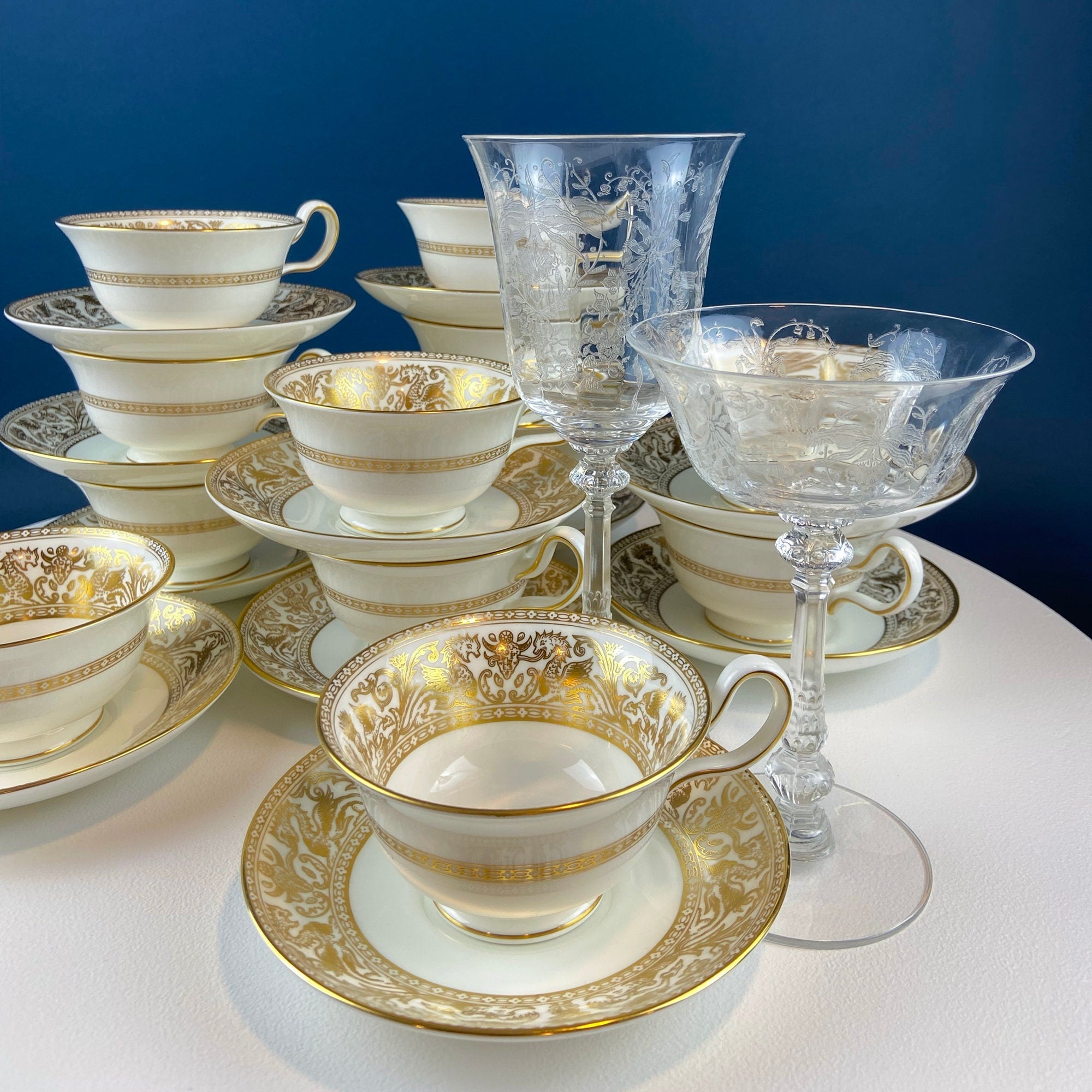 Heisey Orchid Pattern Etched Crystal Wine Goblets – Set of 7