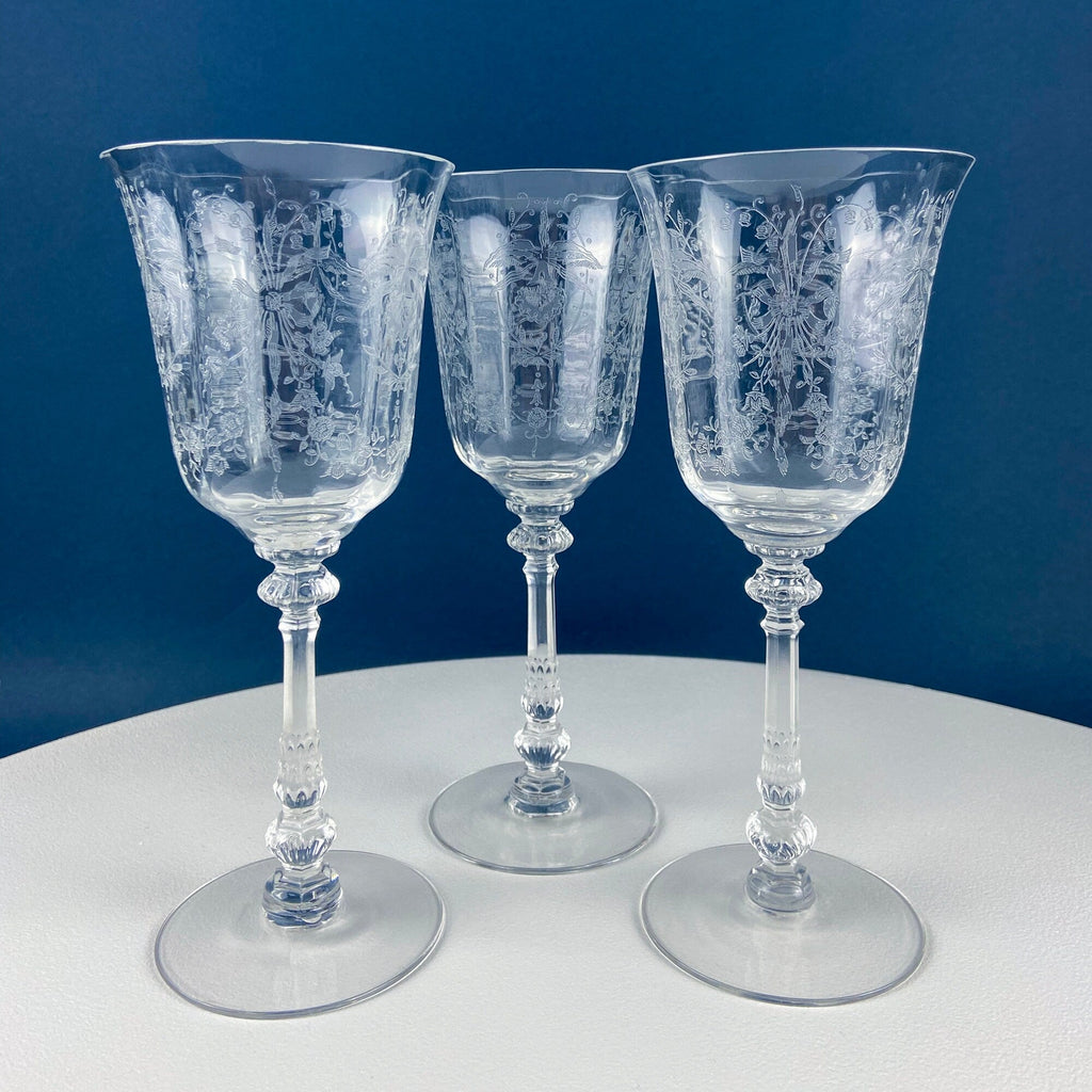 Heisey Orchid Pattern Etched Crystal Wine Goblets – Set of 7