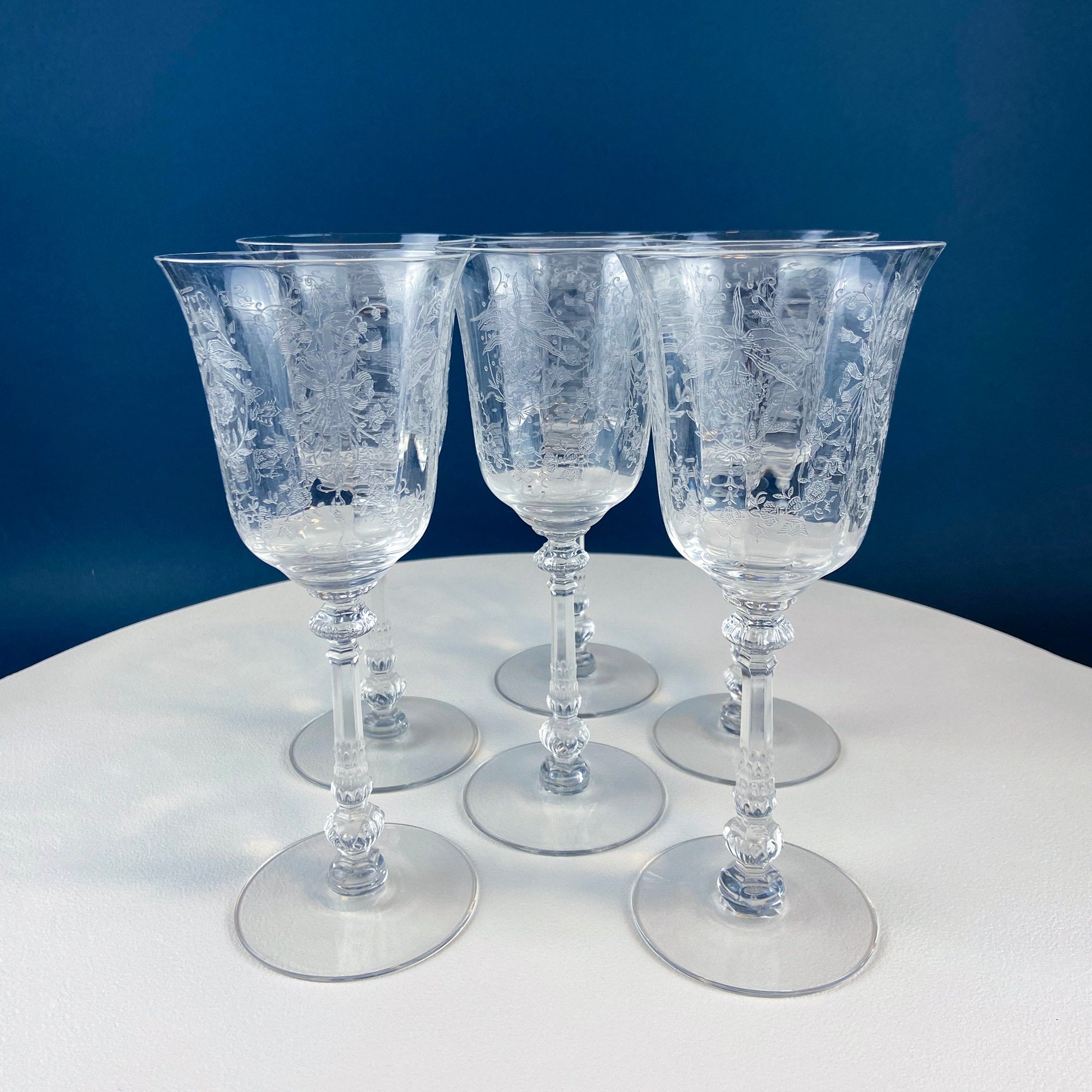 Heisey Orchid Pattern Etched Crystal Wine Goblets – Set of 7