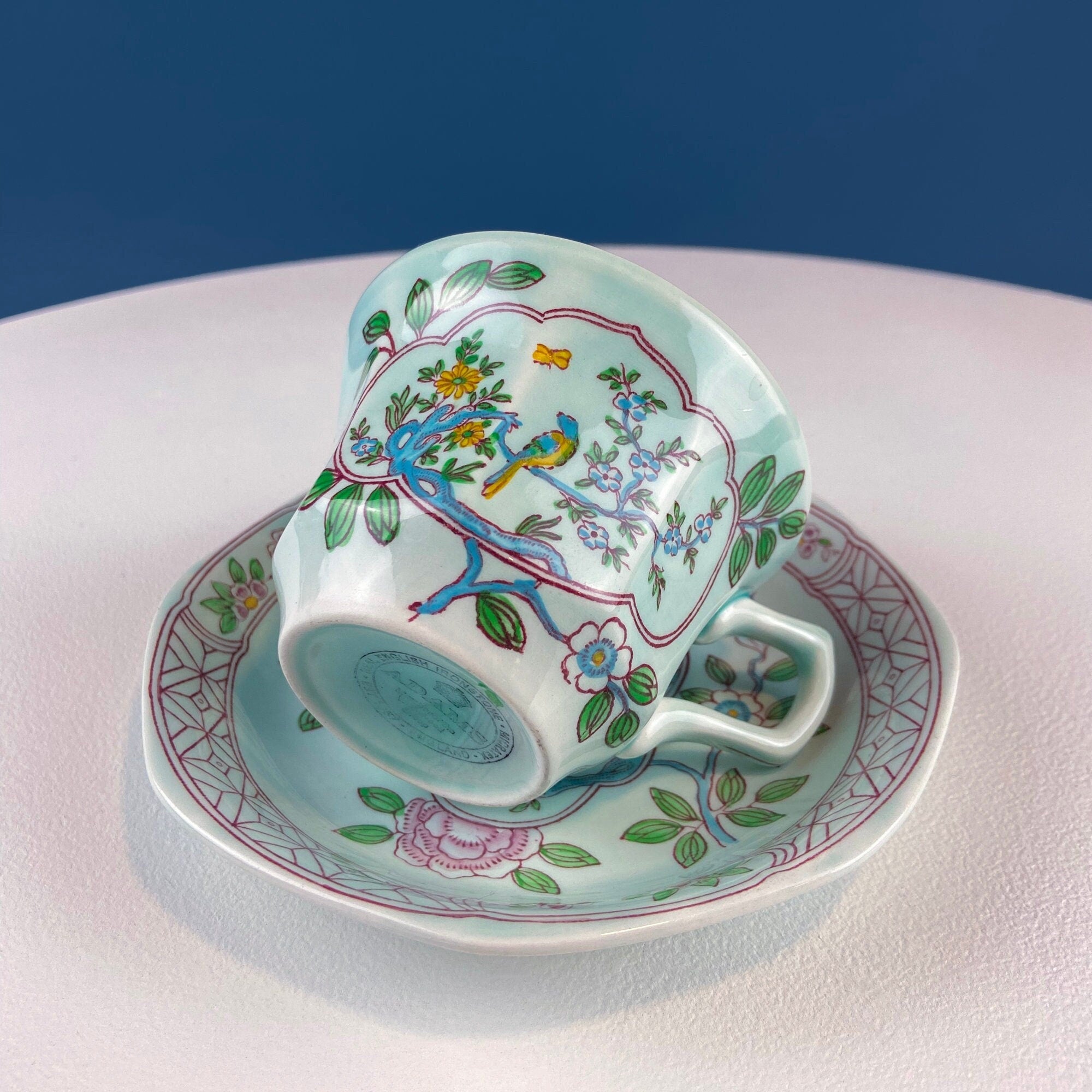 Vintage Blue Green Adams Calyx Ware Cup & Saucer. Singapore Bird Pattern. Real English Ironstone. Dining Room Decor. Modern Farmhouse.