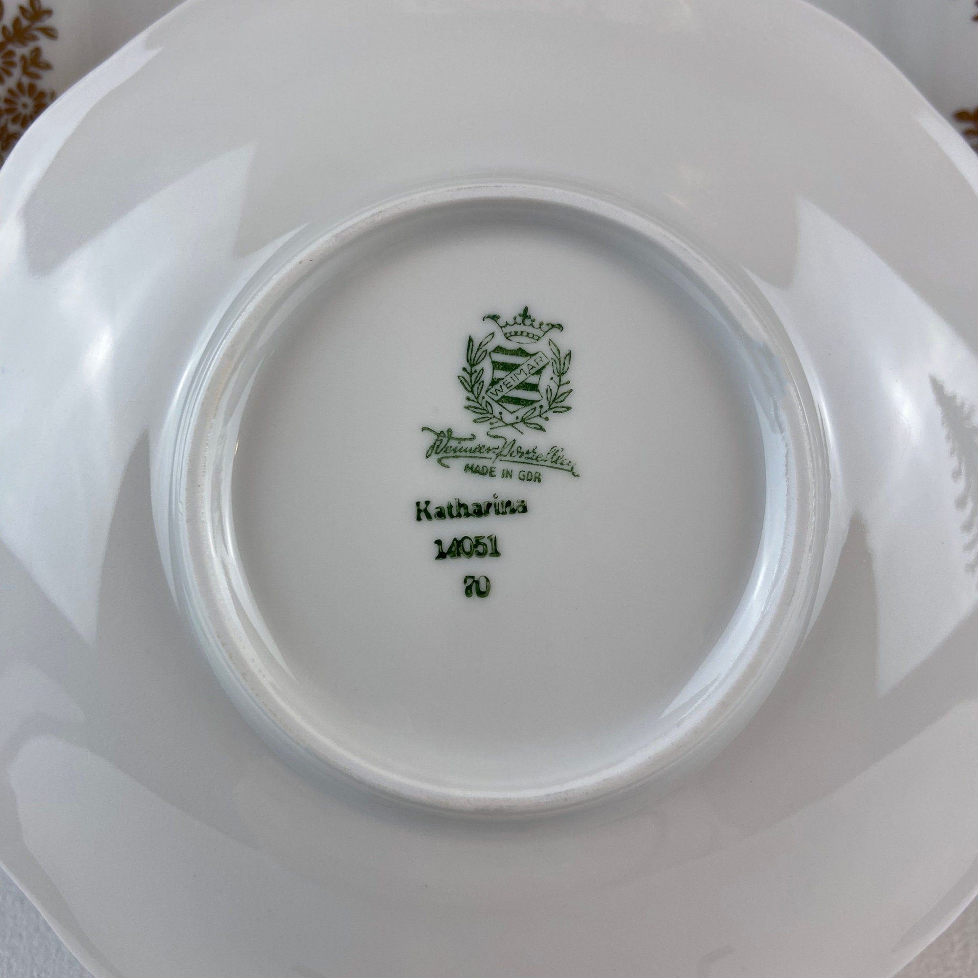 Antique Weimar Porcelain Katharina Tea Trio – White & Gold Floral, Made in GDR