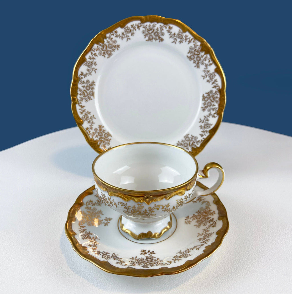 Antique Weimar Porcelain Katharina Tea Trio – White & Gold Floral, Made in GDR