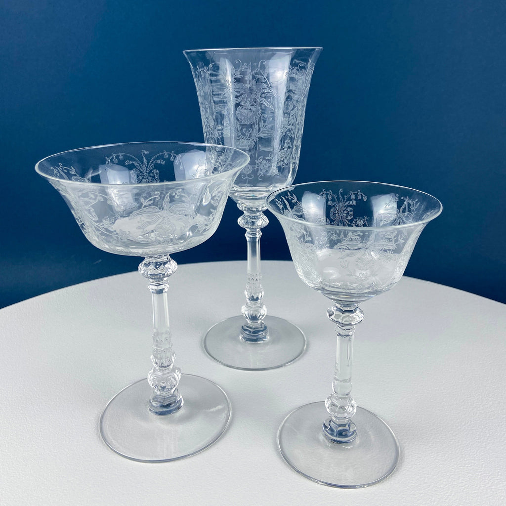 Heisey Orchid Pattern Etched Crystal Wine Goblets – Set of 7