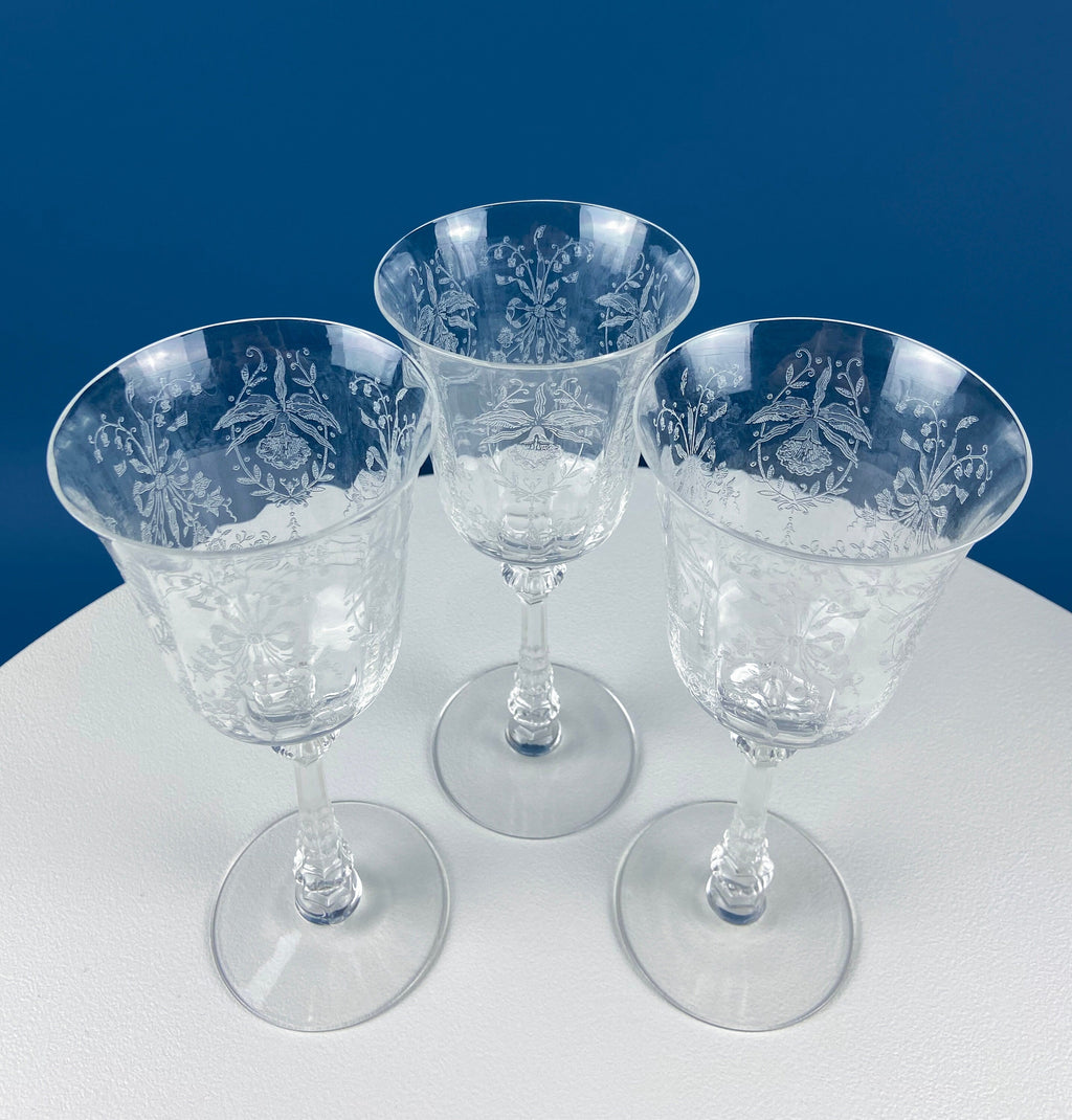 Heisey Orchid Pattern Etched Crystal Wine Goblets – Set of 7