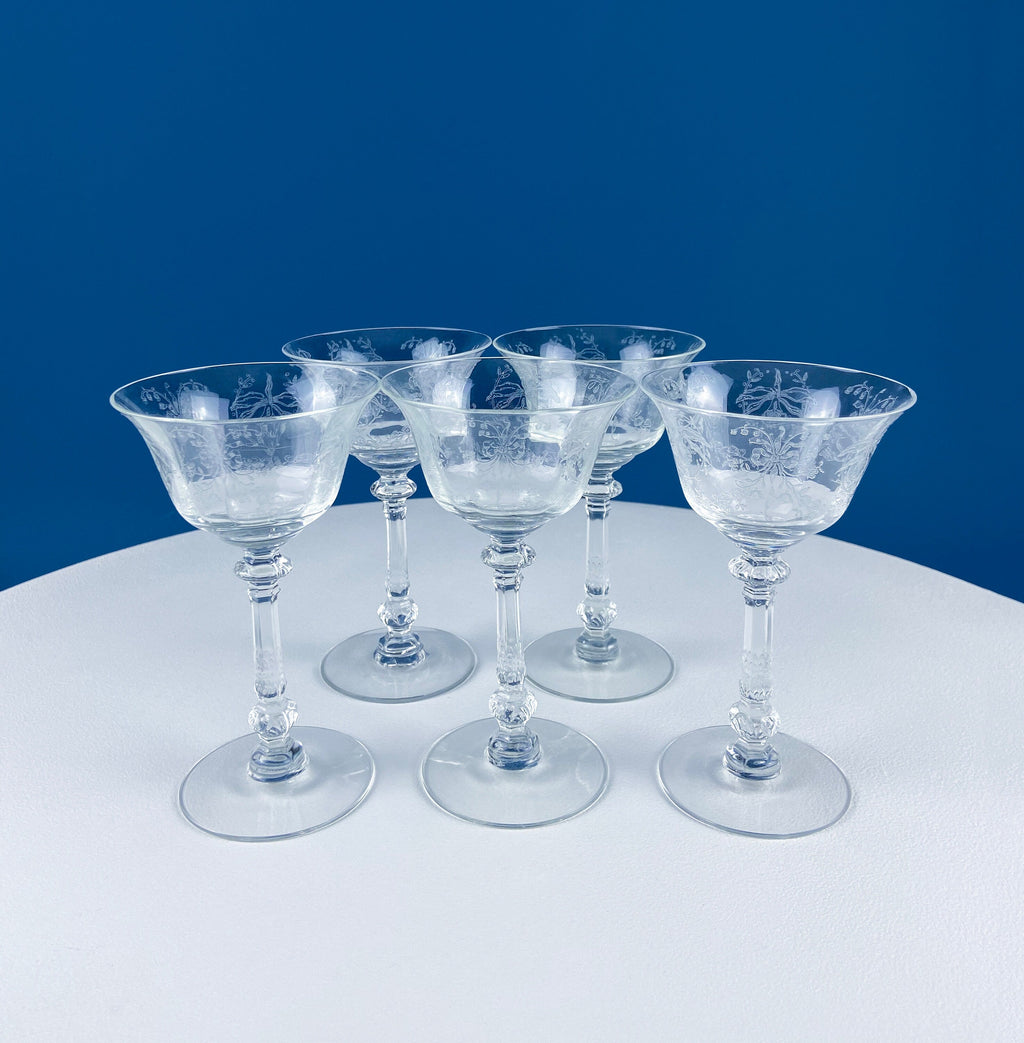 Heisey Sweet Wine, Liquor Glasses. Set of 6 Orchid Pattern Etched Crystal Sherbets. Home Gift. Dining Room Decor. Collectible Glassware.