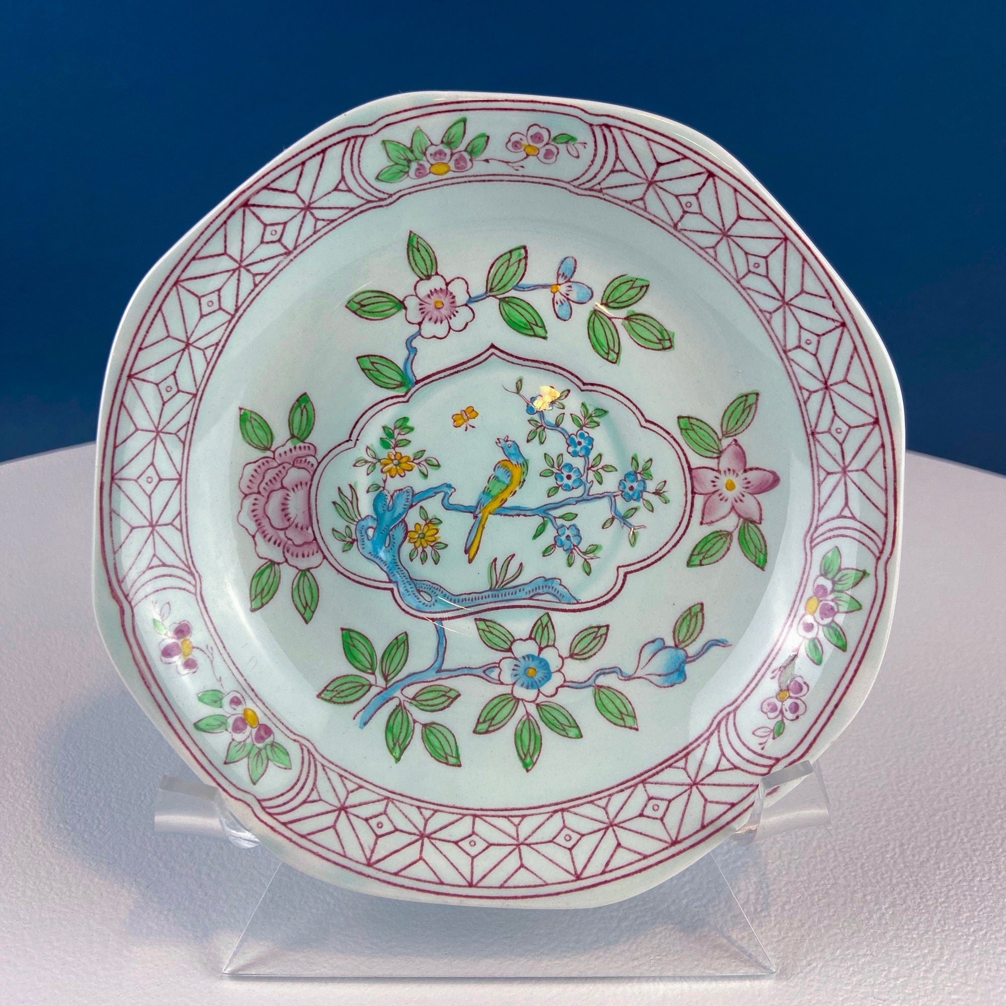 Vintage Blue Green Adams Calyx Ware Cup & Saucer. Singapore Bird Pattern. Real English Ironstone. Dining Room Decor. Modern Farmhouse.