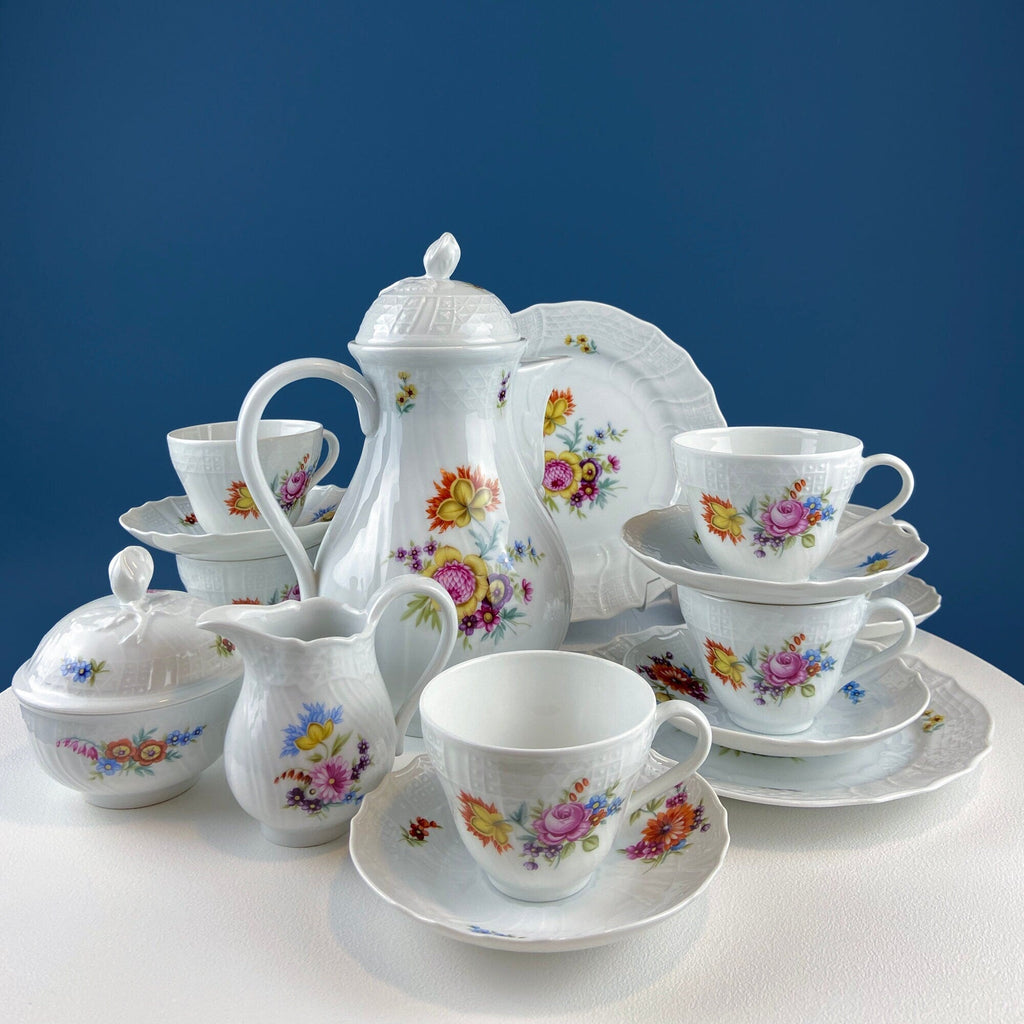 Antique Hutschenreuther Porcelain Coffee & Tea Set – Hand-Painted Floral, 12 Pieces