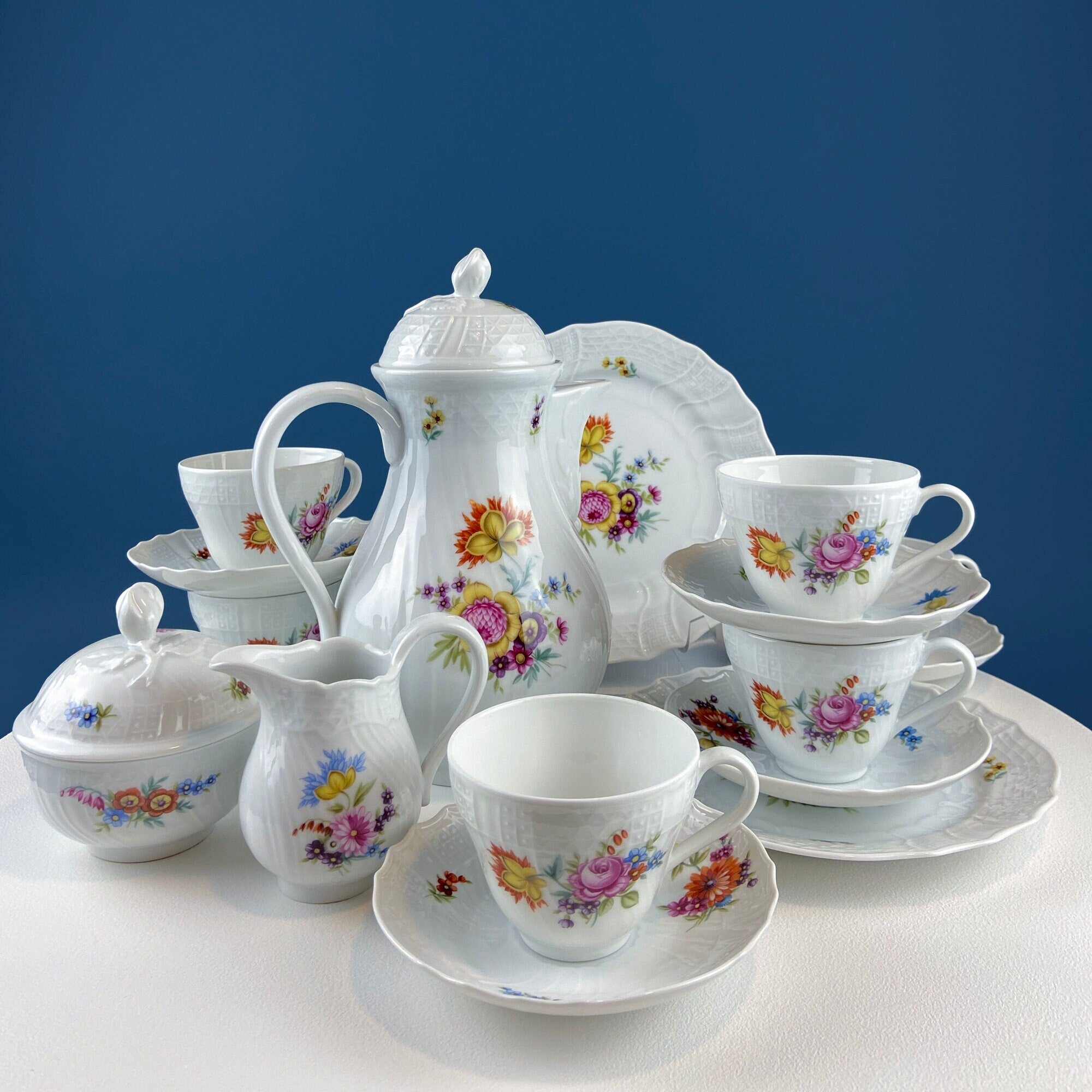 Antique Hutschenreuther Porcelain Coffee & Tea Set – Hand-Painted Floral, 12 Pieces