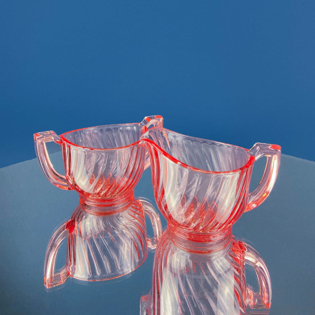 Peach Pink Depression Glass Sugar & Creamer – Art Deco Fluted Design